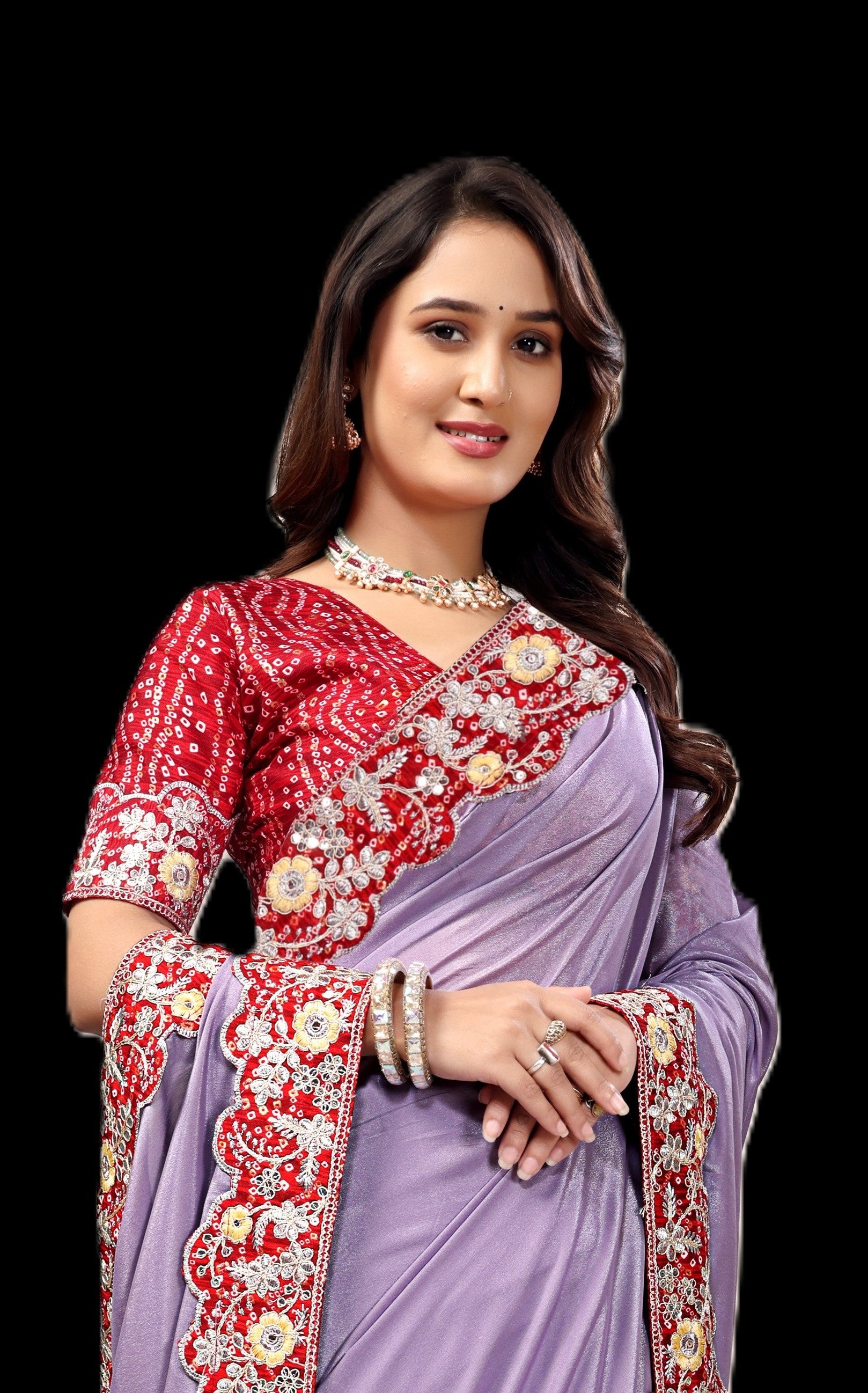 Intricate Gold Zari Motifs and Embroidered Lace Border - Lavender