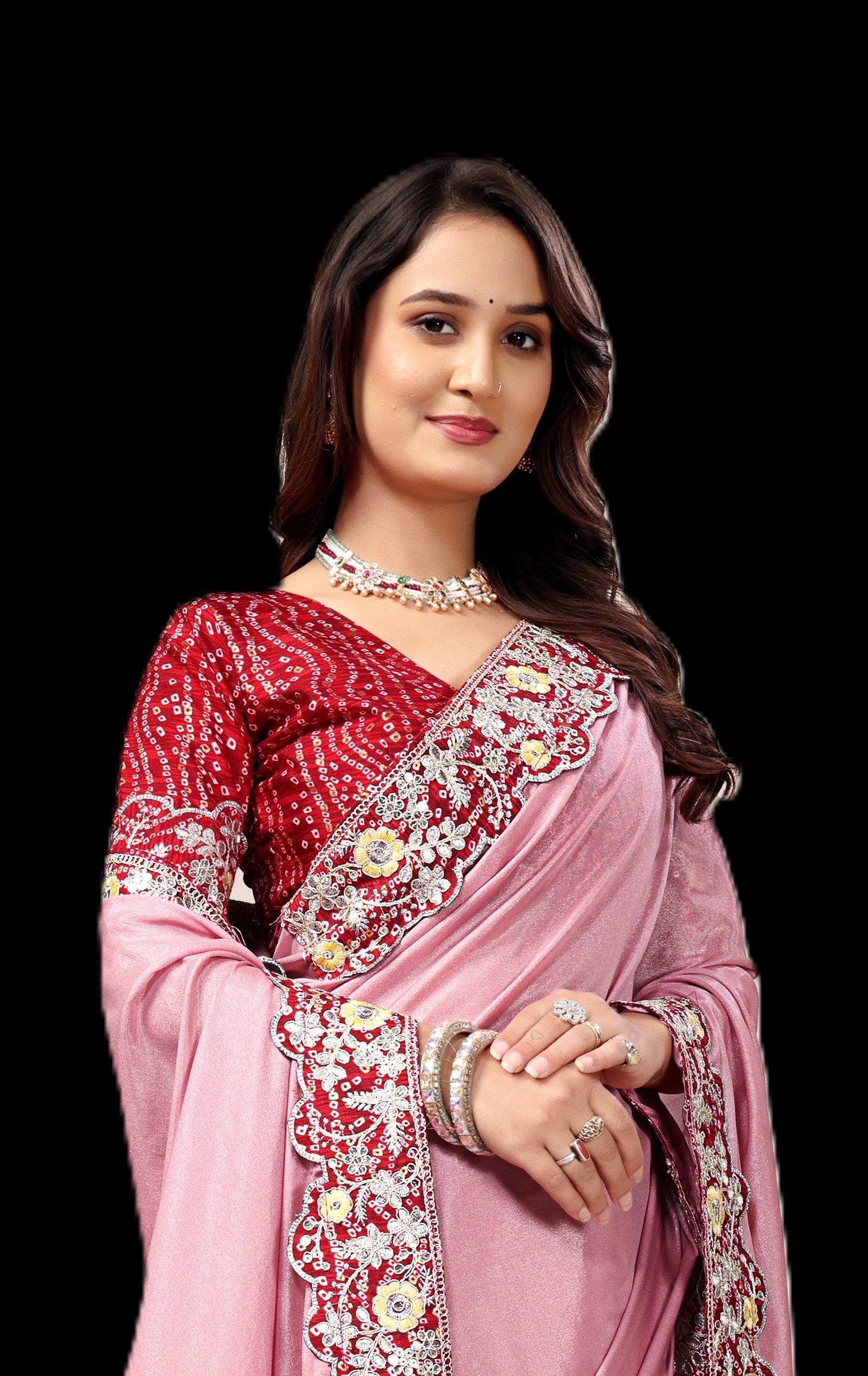 Intricate Gold Zari Motifs and Embroidered Lace Border - Light Pink