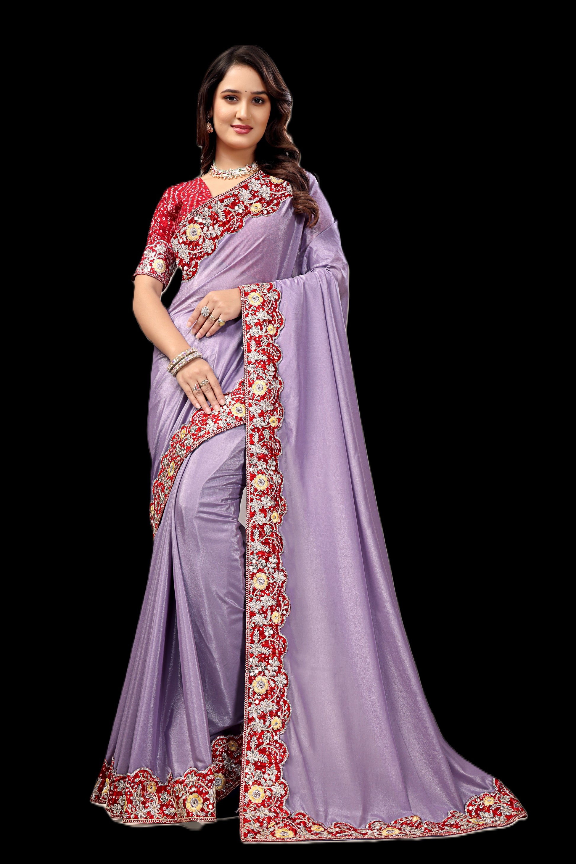 Intricate Gold Zari Motifs and Embroidered Lace Border - Lavender