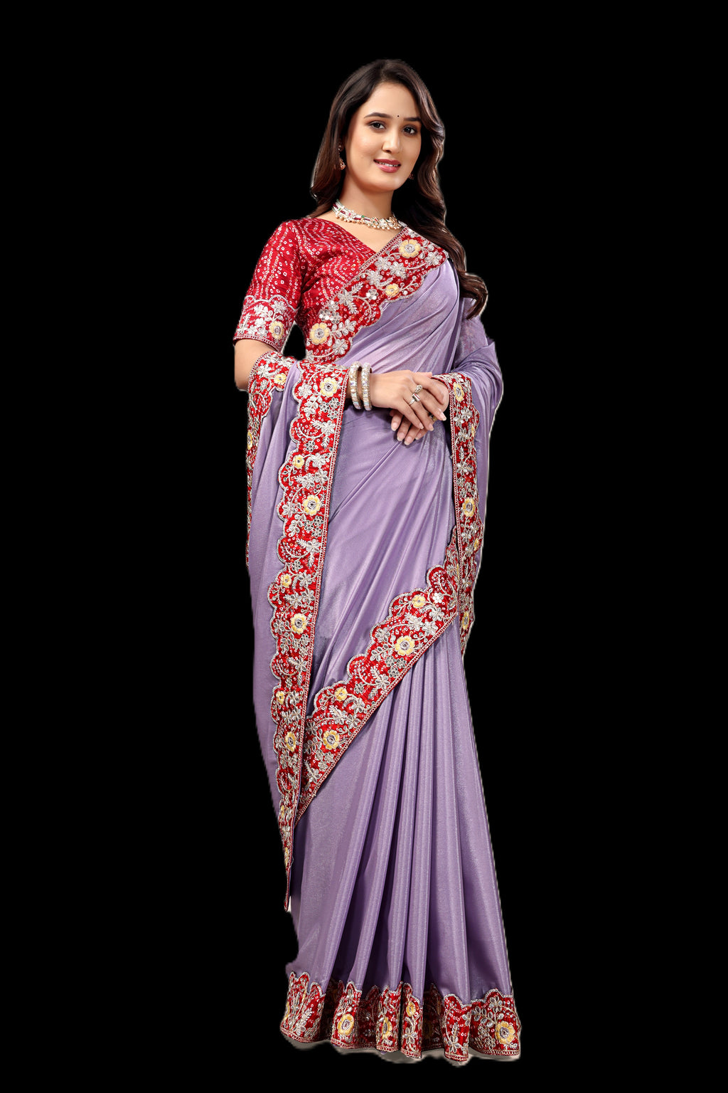 Intricate Gold Zari Motifs and Embroidered Lace Border - Lavender