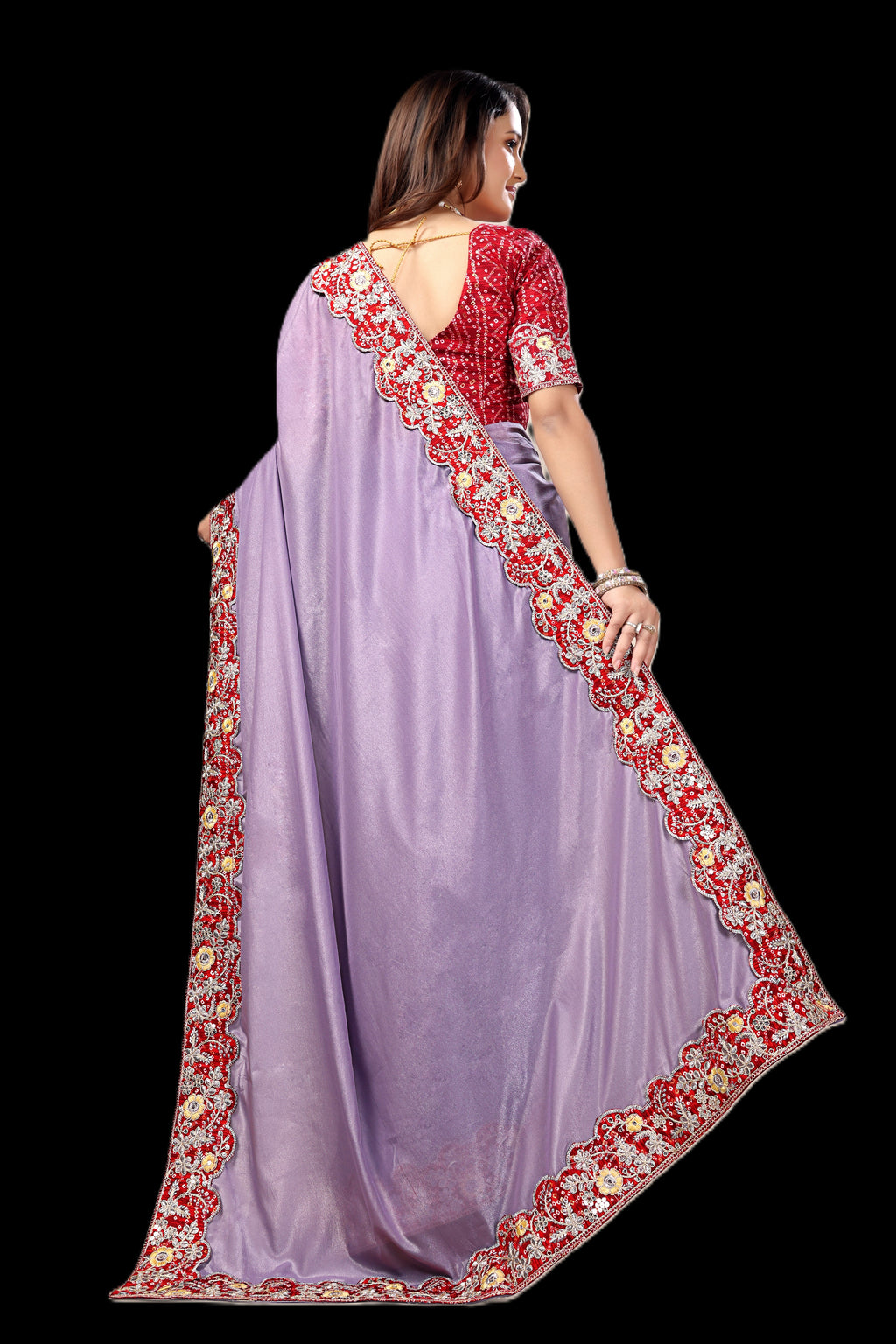 Intricate Gold Zari Motifs and Embroidered Lace Border - Lavender