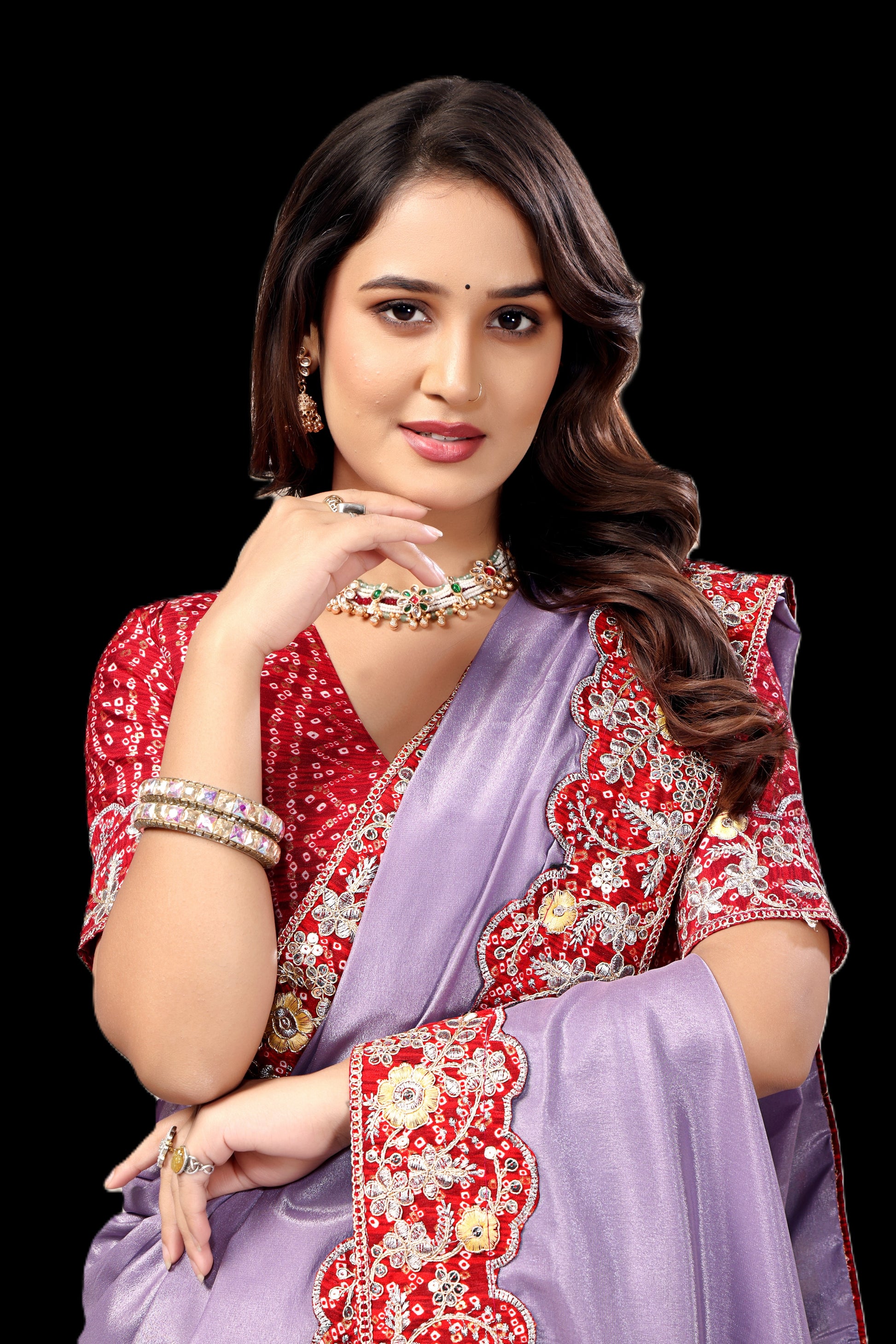 Intricate Gold Zari Motifs and Embroidered Lace Border - Lavender