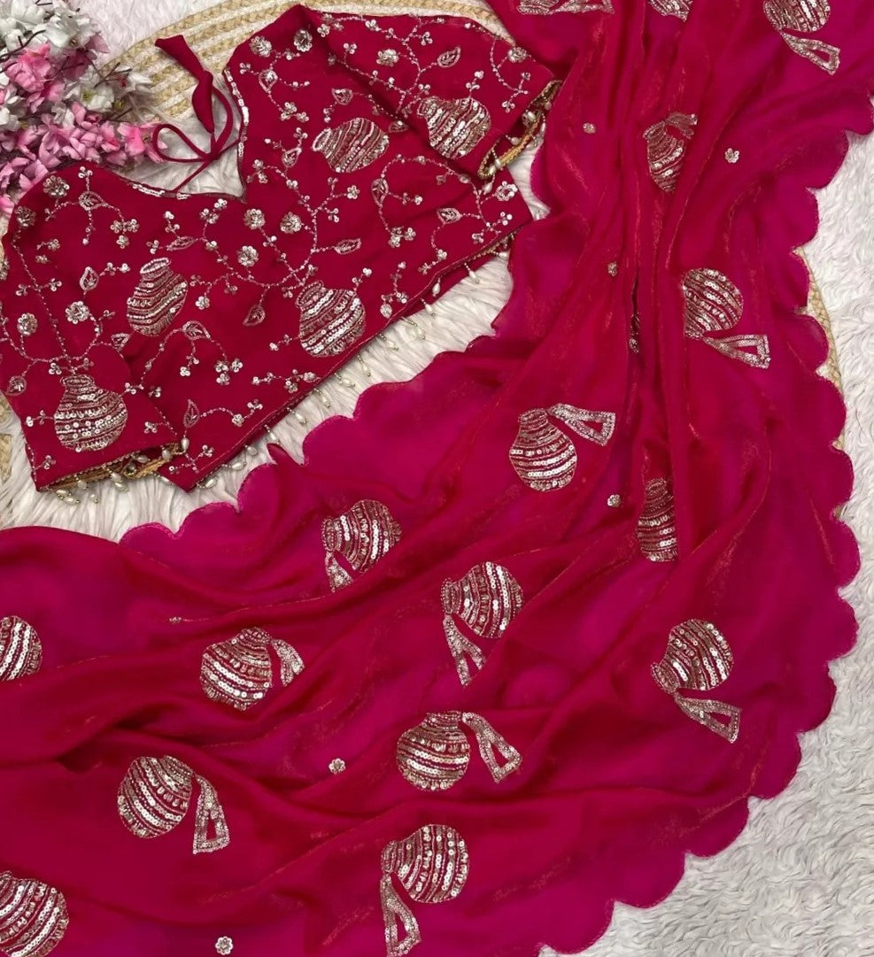 Premium Fandy Satin Saree with Sequins, Thread Embroidery & Designer Blouse-G