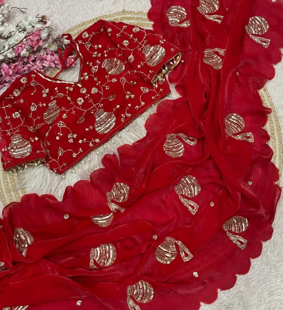 Premium Fandy Satin Saree with Sequins, Thread Embroidery & Designer Blouse-G