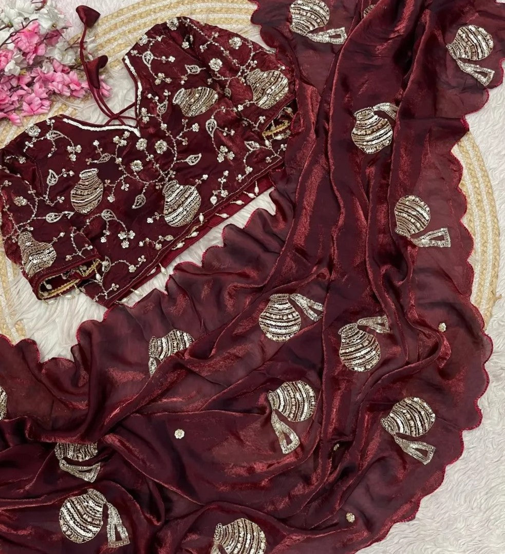 Premium Fandy Satin Saree with Sequins, Thread Embroidery & Designer Blouse-G