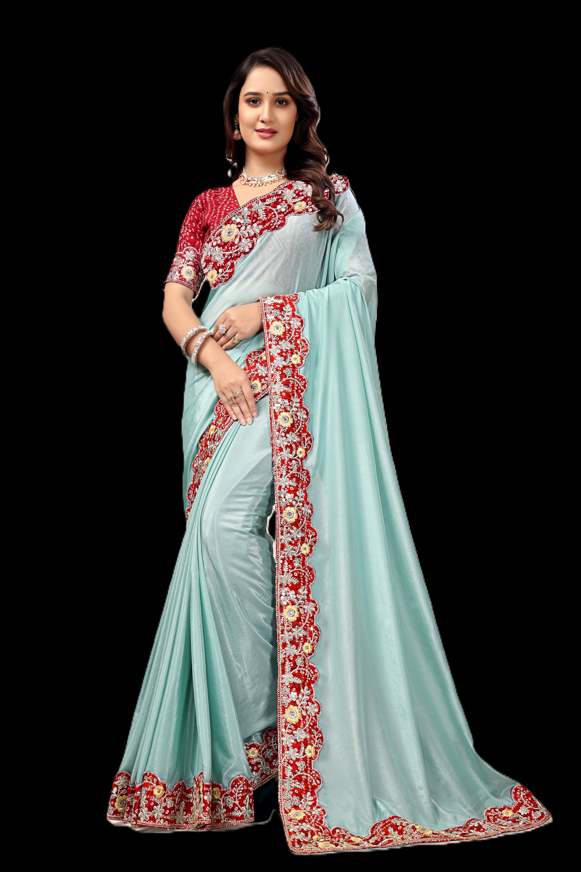 Intricate Gold Zari Motifs and Embroidered Lace Border - Light Blue