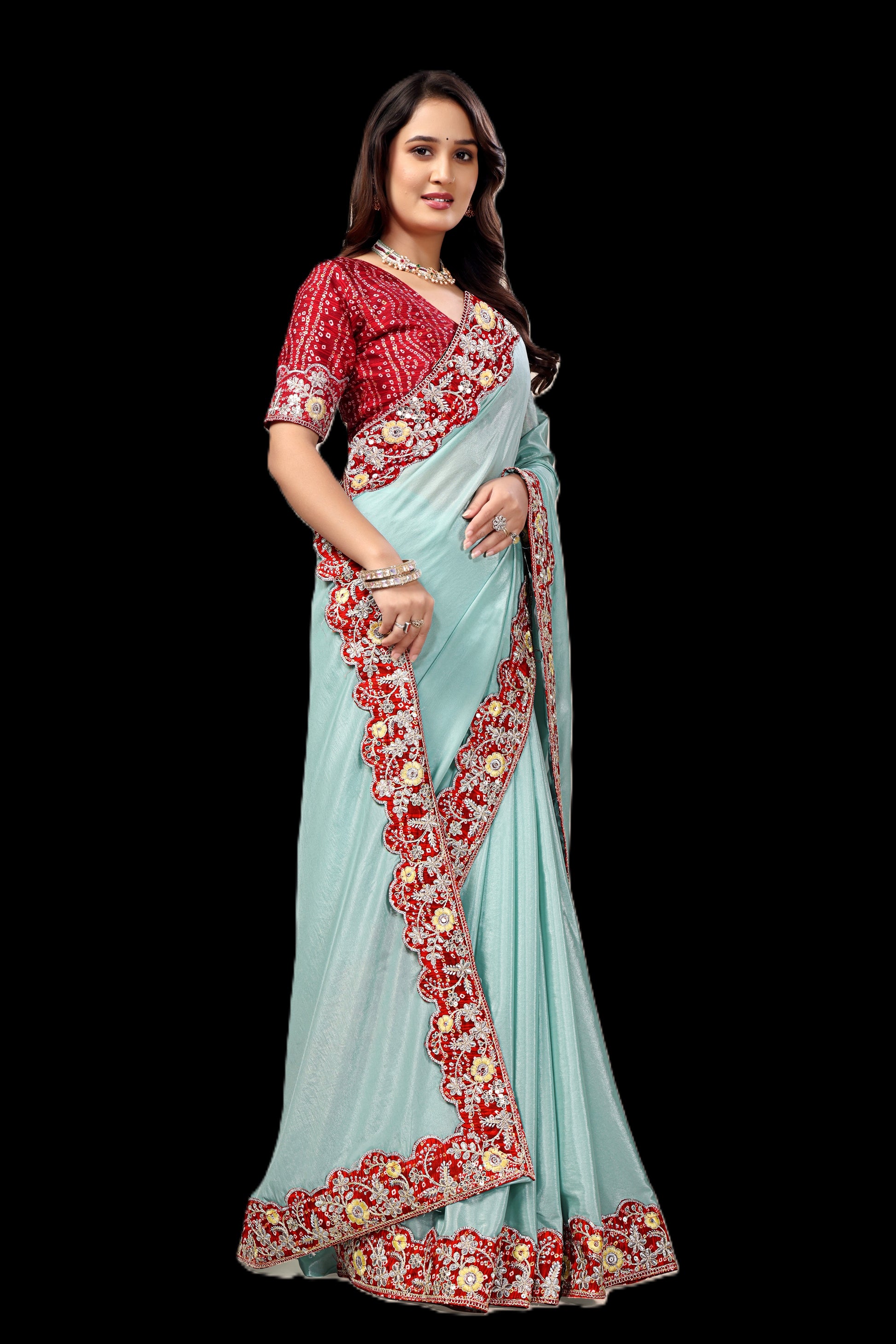 Intricate Gold Zari Motifs and Embroidered Lace Border - Light Blue