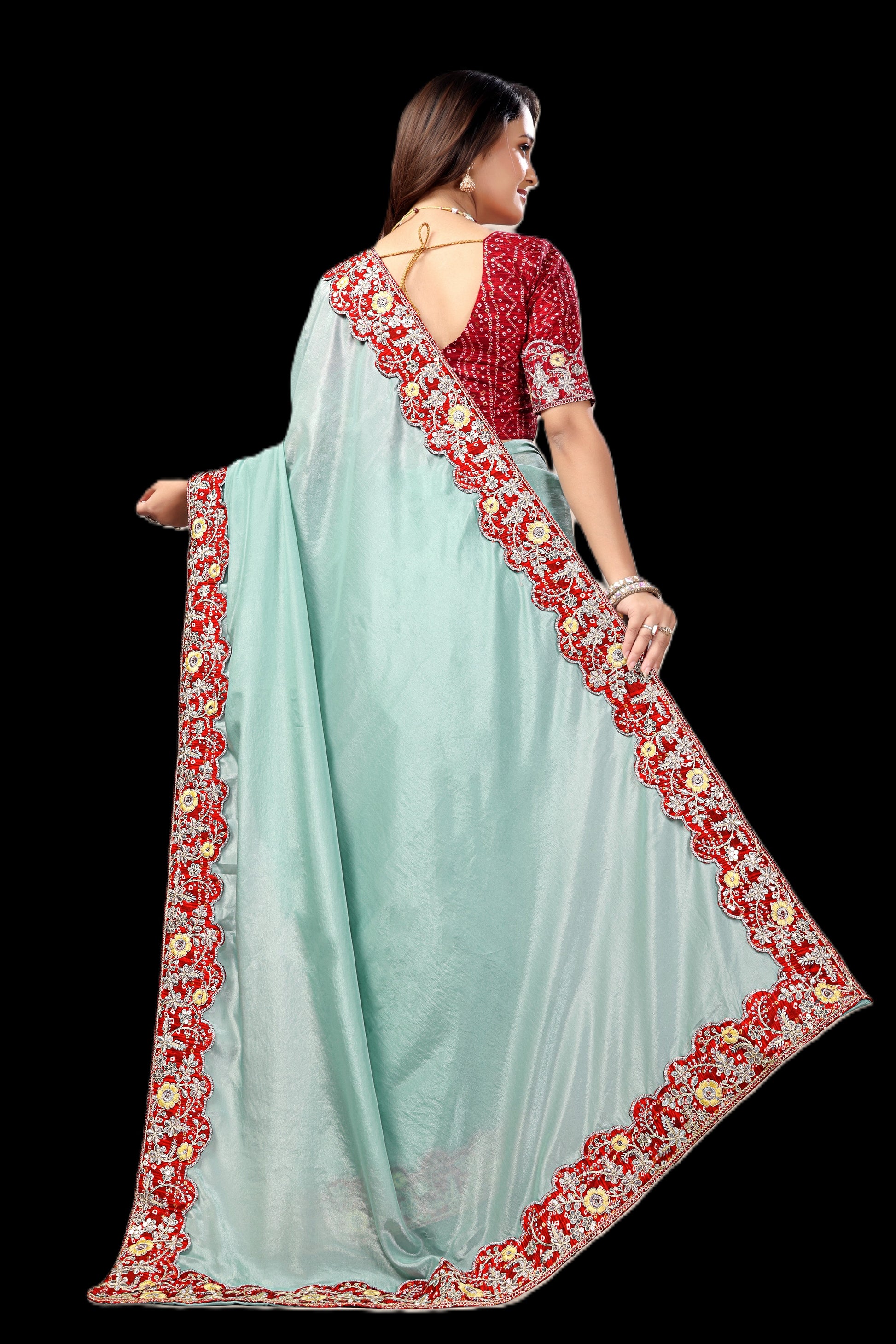 Intricate Gold Zari Motifs and Embroidered Lace Border - Light Blue