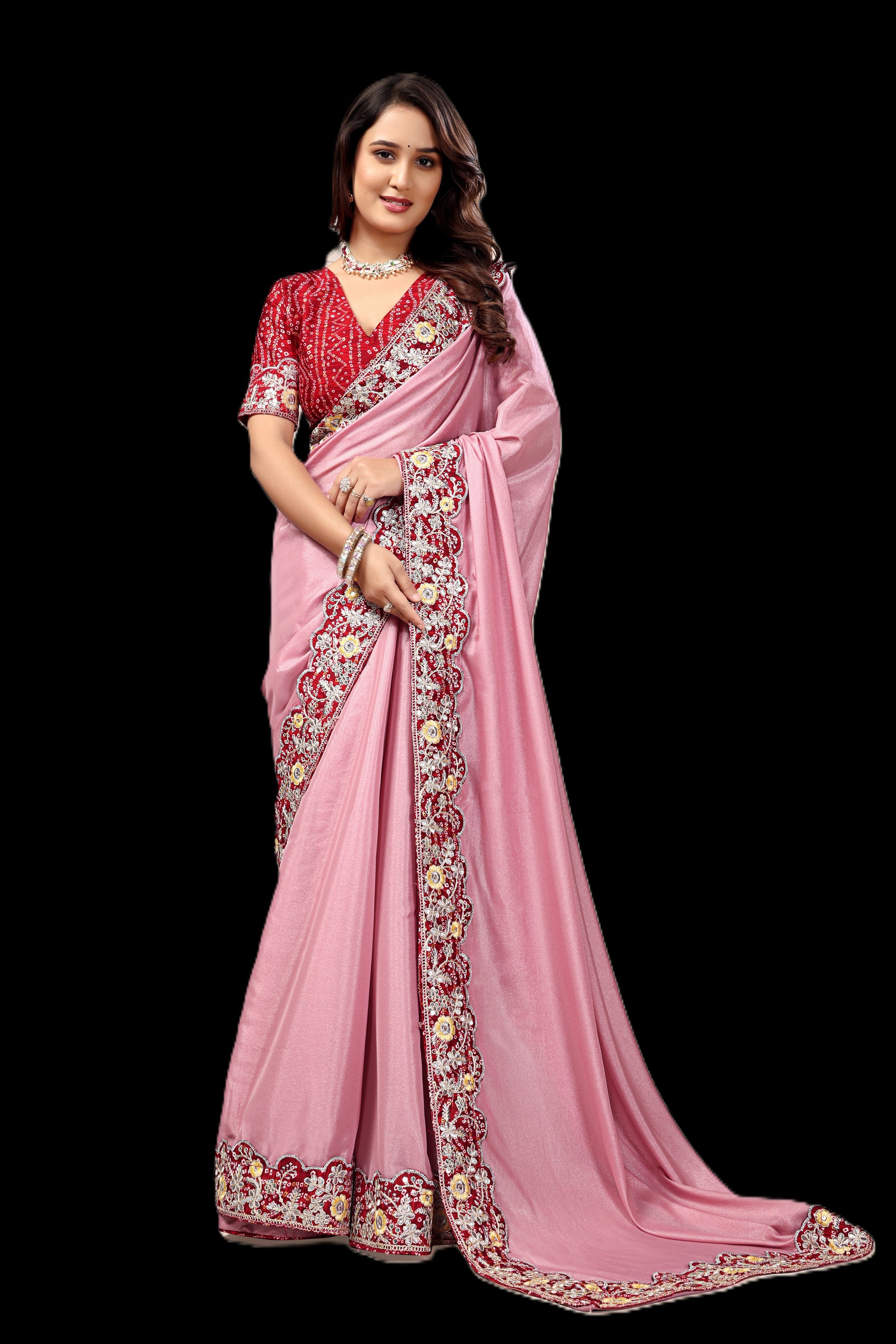 Intricate Gold Zari Motifs and Embroidered Lace Border - Light Pink