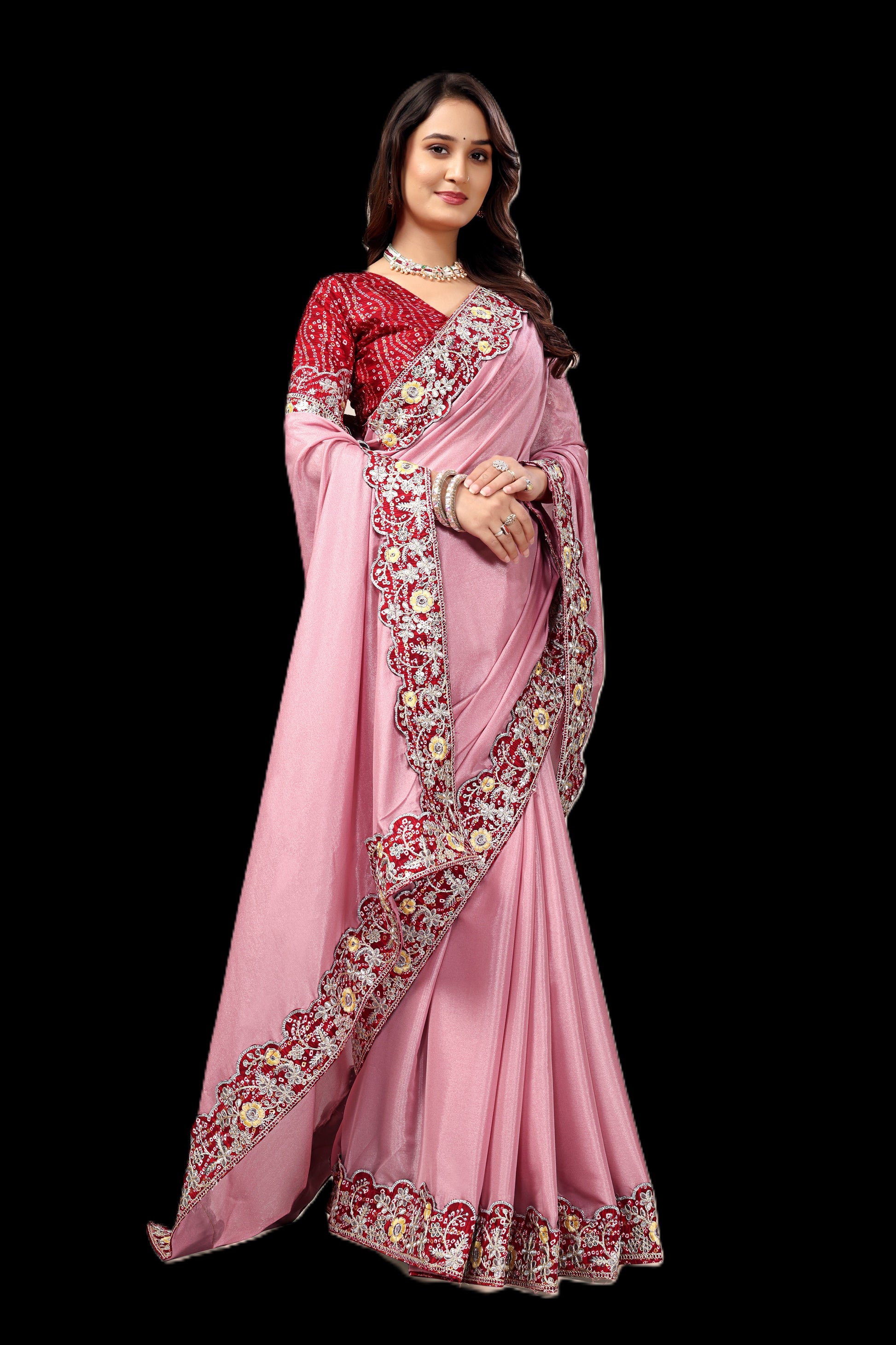 Intricate Gold Zari Motifs and Embroidered Lace Border - Light Pink