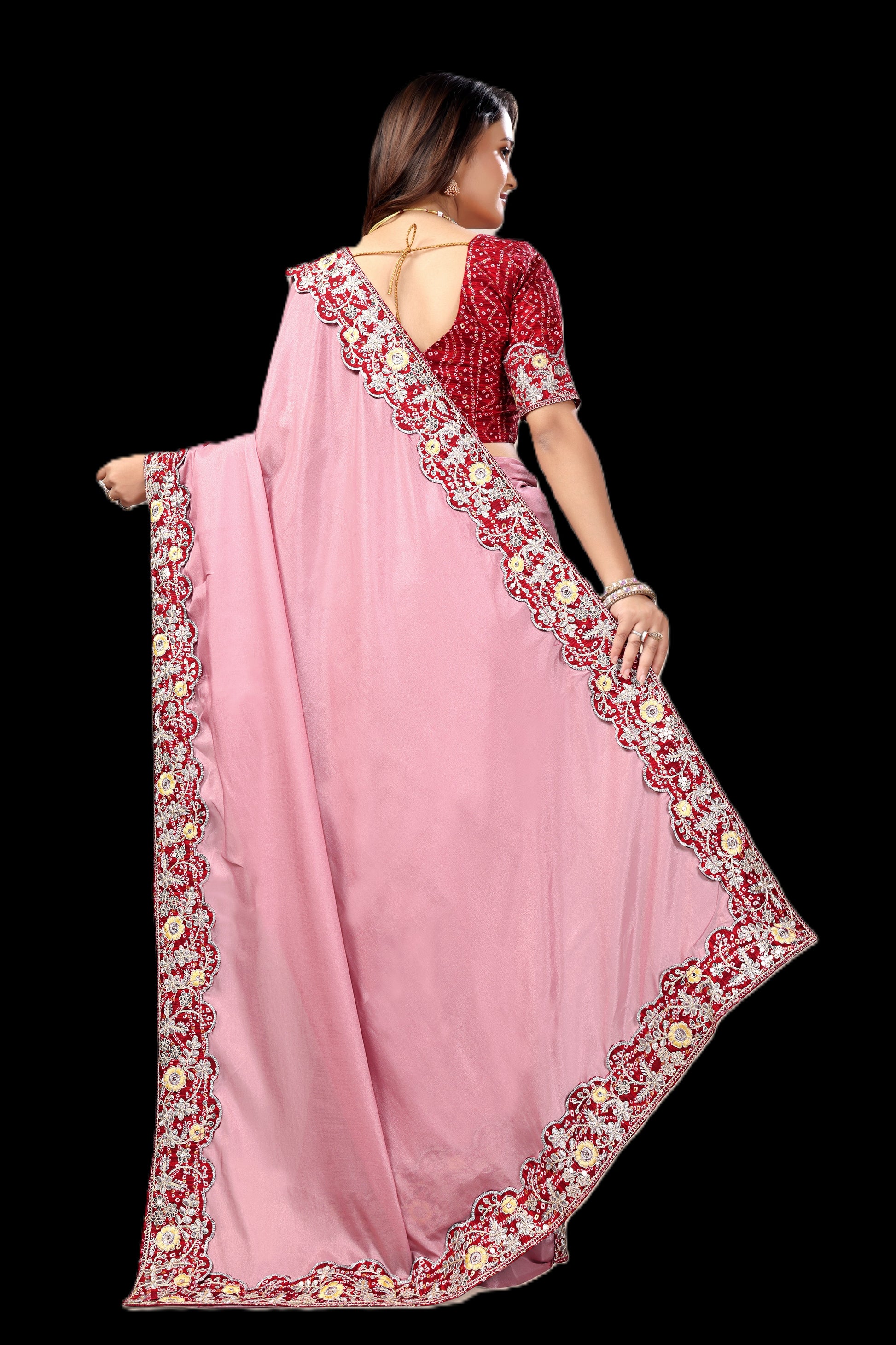 Intricate Gold Zari Motifs and Embroidered Lace Border - Light Pink