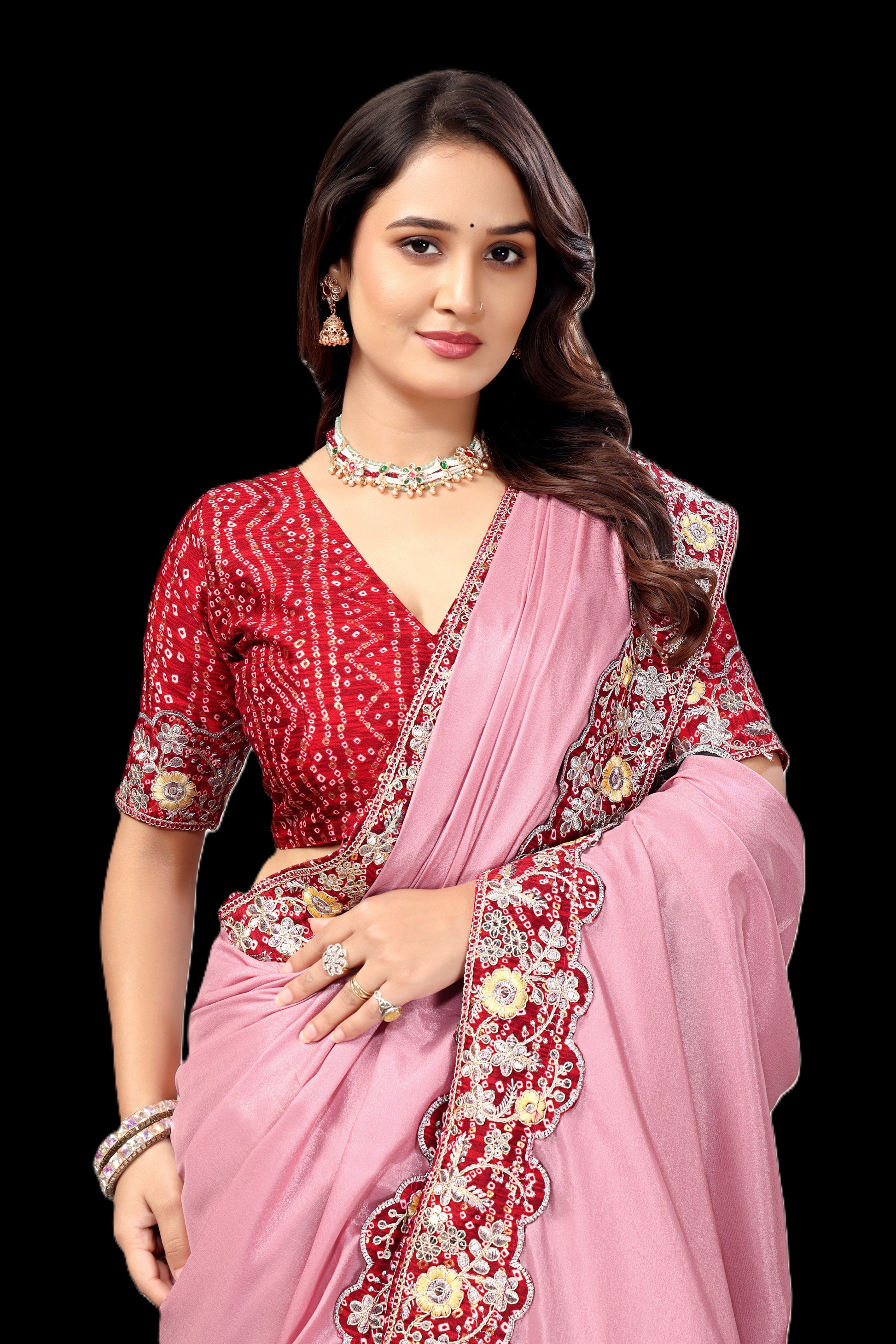 Intricate Gold Zari Motifs and Embroidered Lace Border - Light Pink