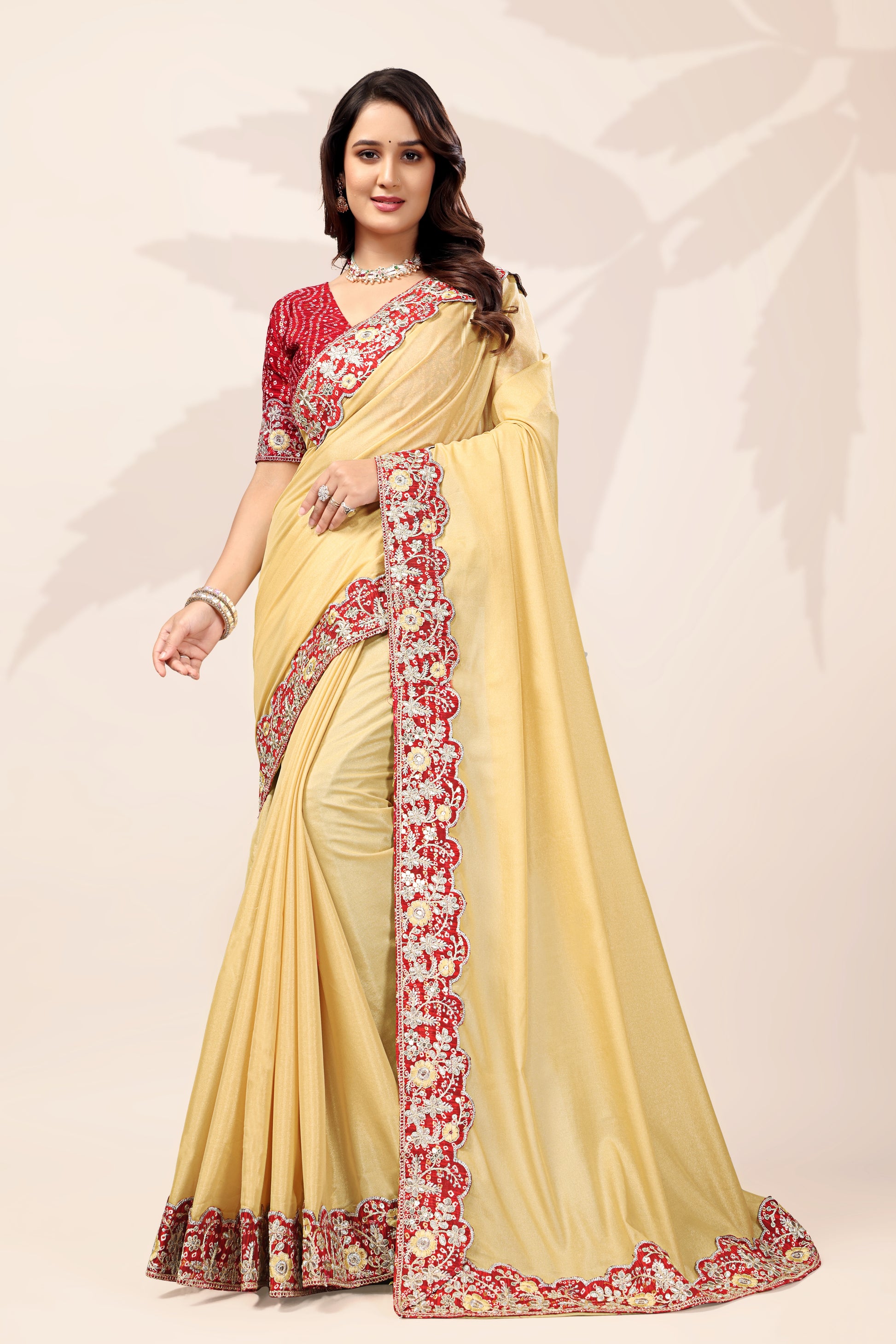 Bollywood Wear Lace Embroidered Saree with Bandhani Blouse