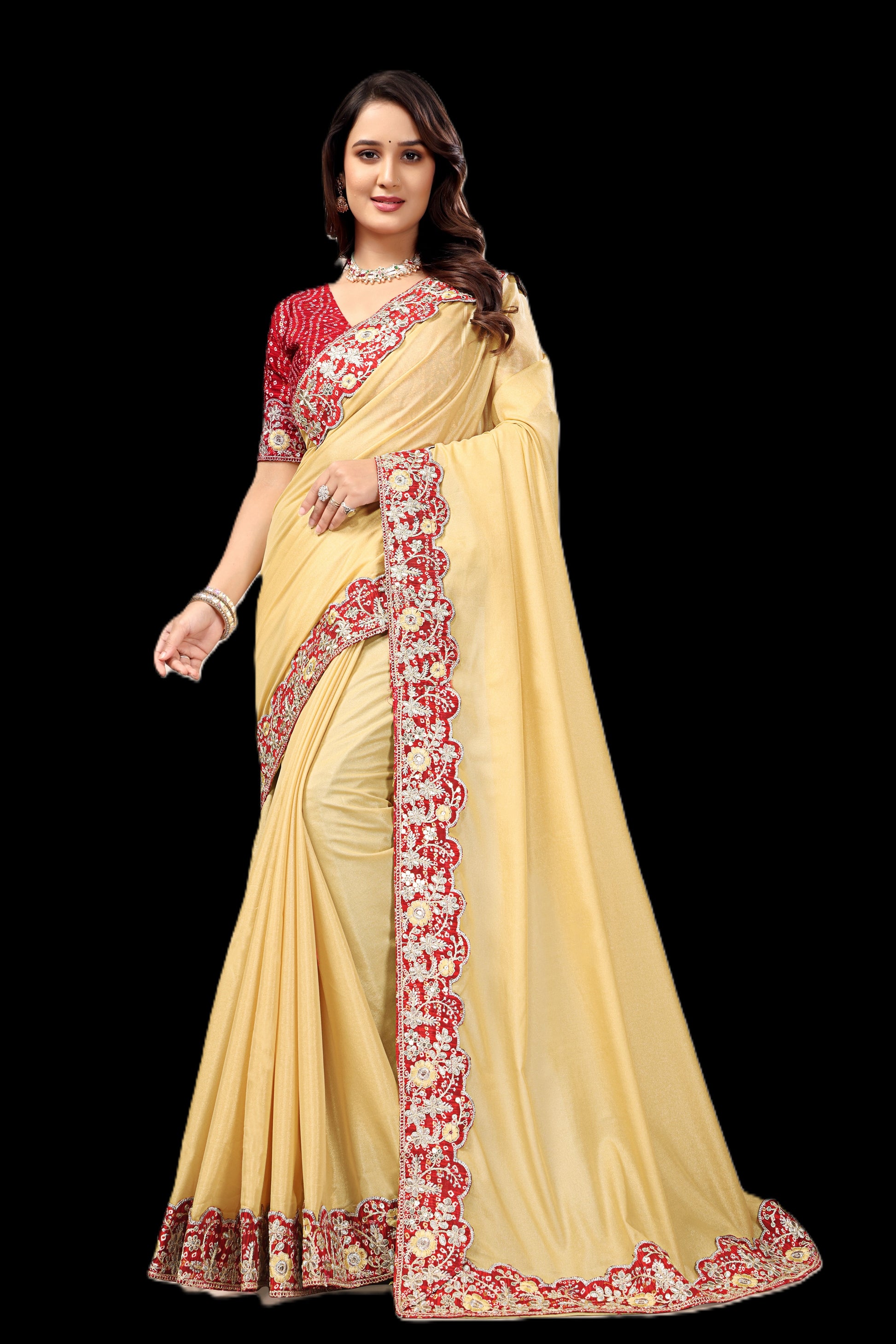 Intricate Gold Zari Motifs and Embroidered Lace Border - Light Yellow