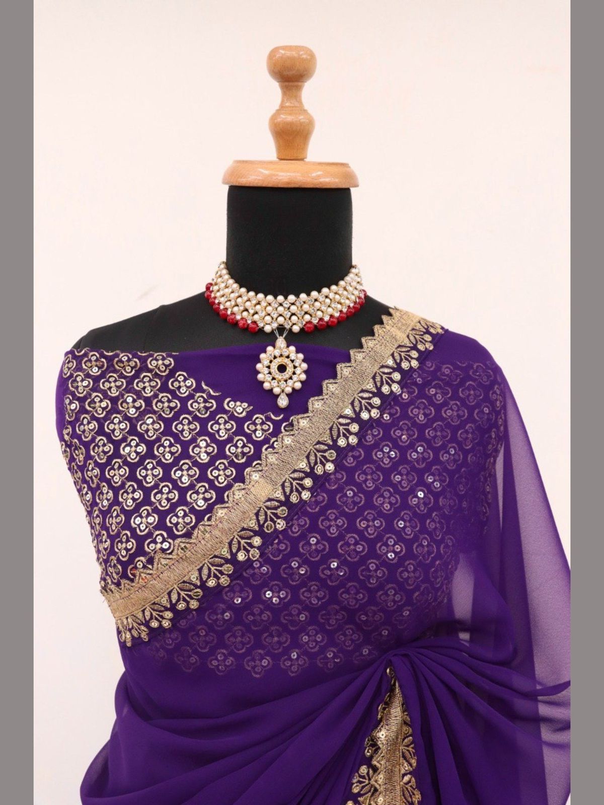 GraceVogue Purple Embroidered Saree with Designer Blouse