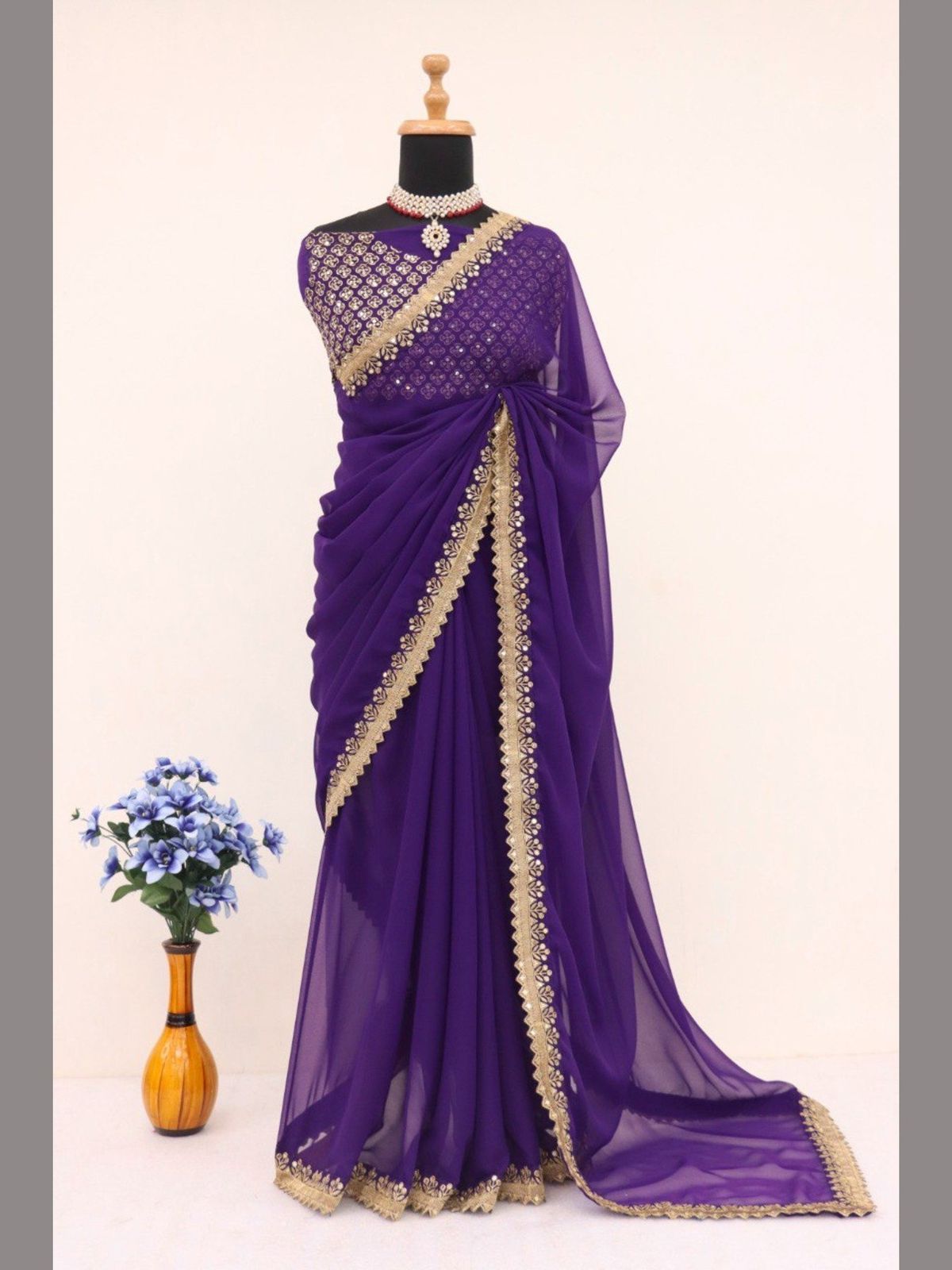 GraceVogue Purple Embroidered Saree with Designer Blouse