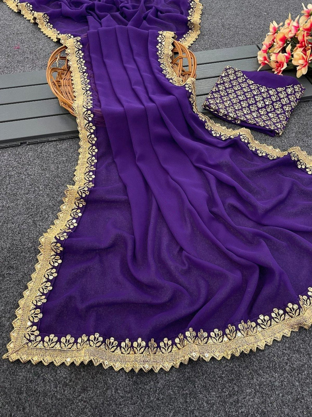 GraceVogue Purple Embroidered Saree with Designer Blouse