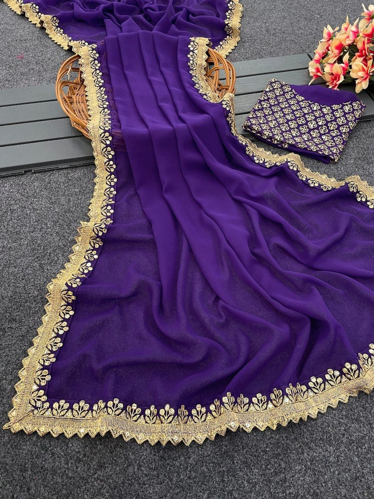 GraceVogue Purple Embroidered Saree with Designer Blouse