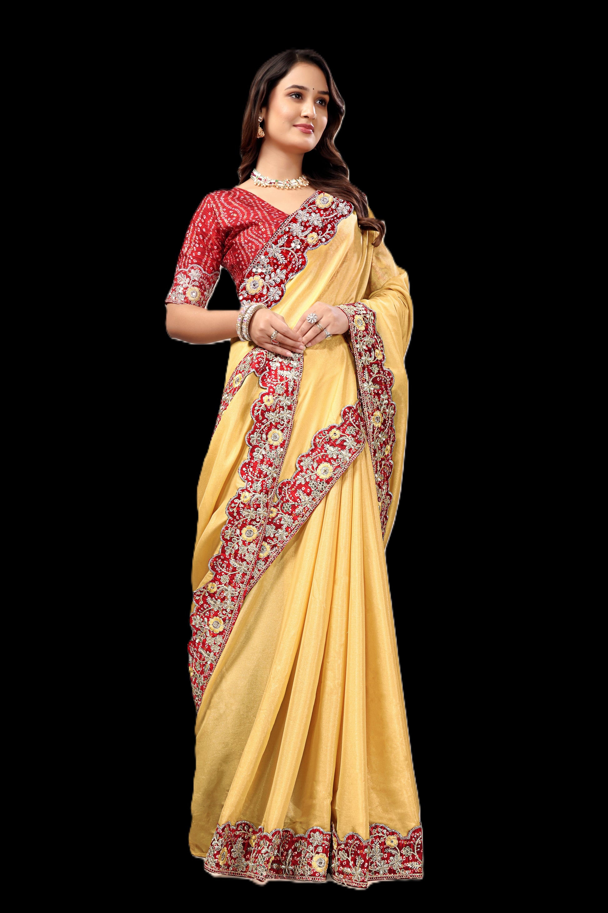 Intricate Gold Zari Motifs and Embroidered Lace Border - Light Yellow