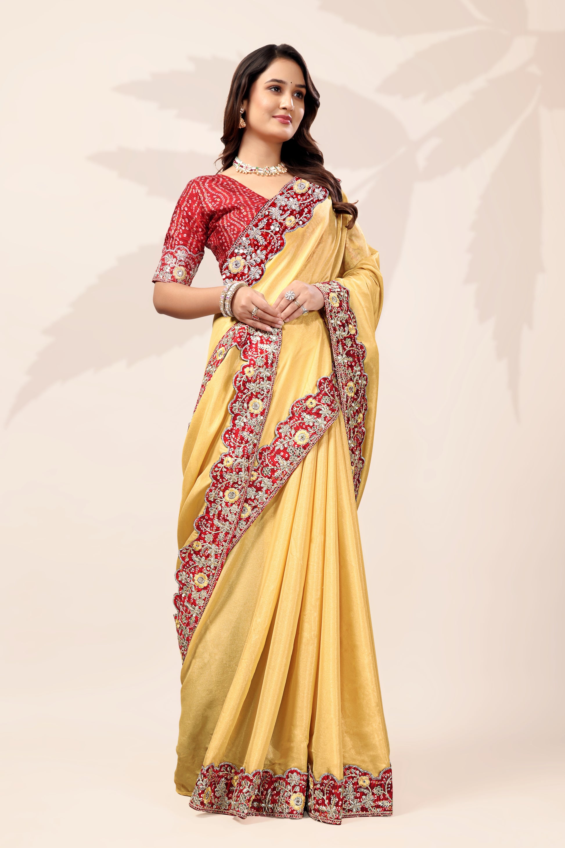 Bollywood Wear Lace Embroidered Saree with Bandhani Blouse