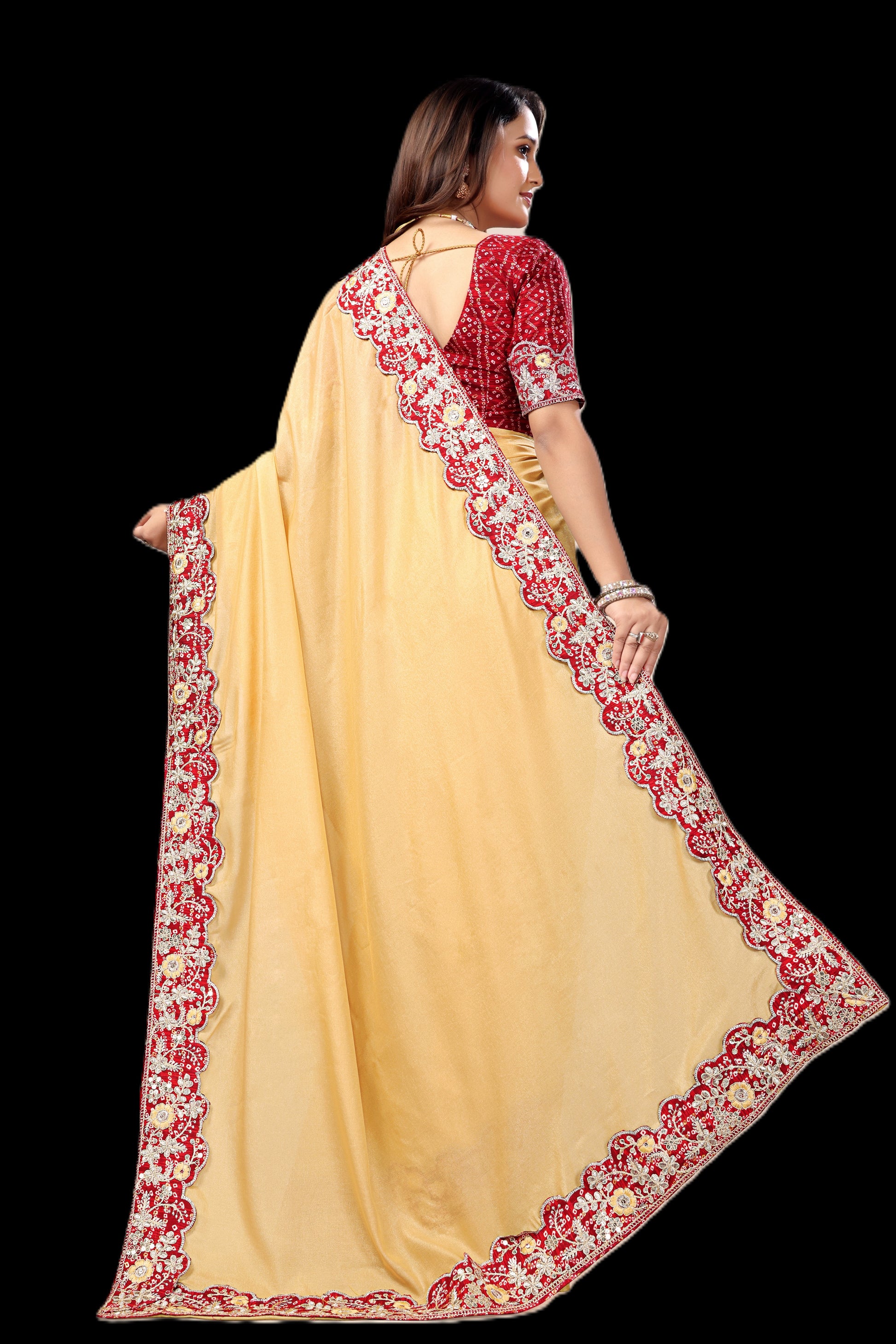 Intricate Gold Zari Motifs and Embroidered Lace Border - Light Yellow