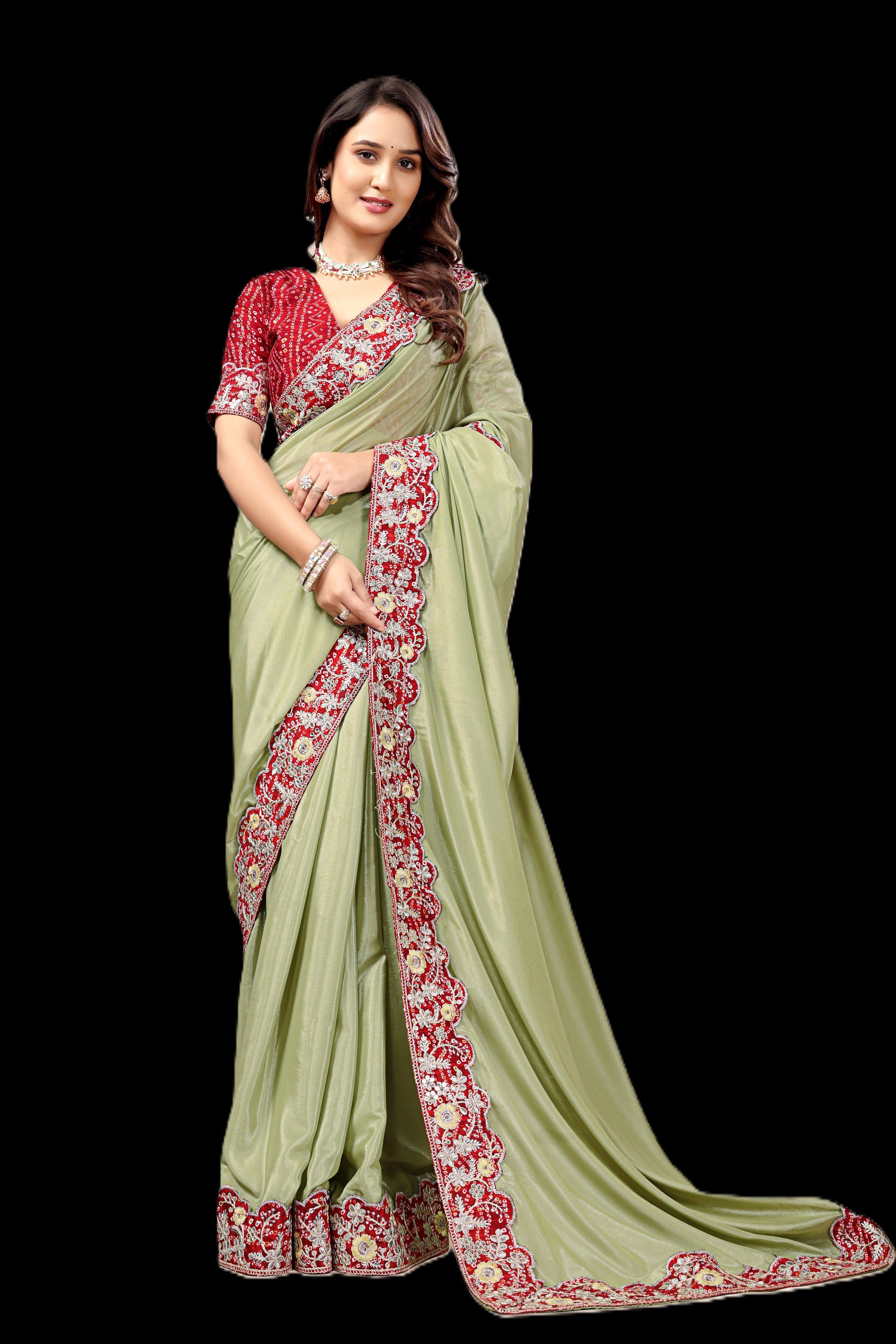 Intricate Gold Zari Motifs and Embroidered Lace Border - Light Green