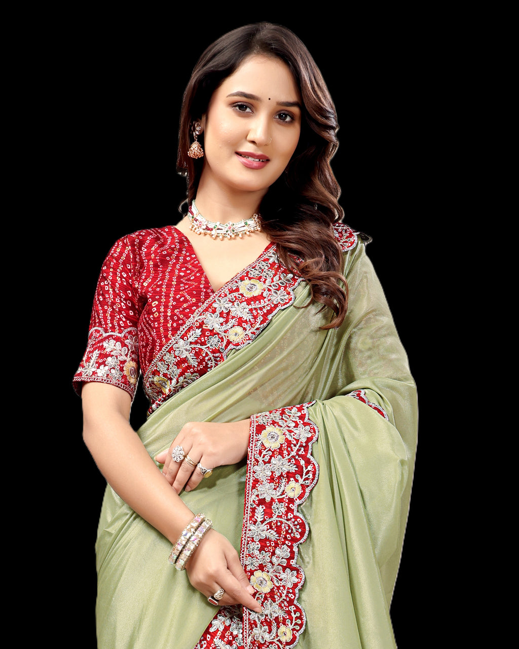 Intricate Gold Zari Motifs and Embroidered Lace Border - Light Green