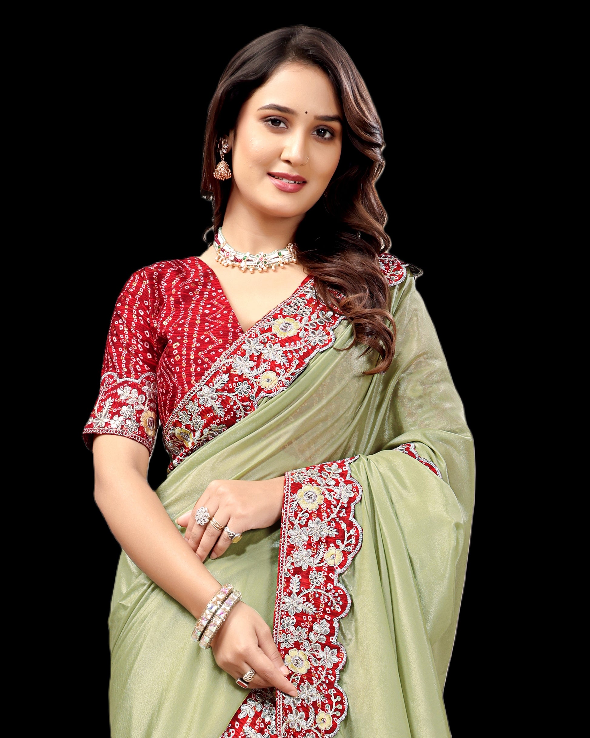 Intricate Gold Zari Motifs and Embroidered Lace Border - Light Green