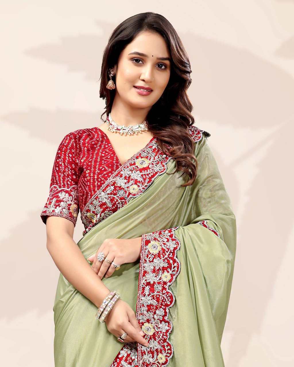 Bollywood Wear Lace Embroidered Saree with Bandhani Blouse