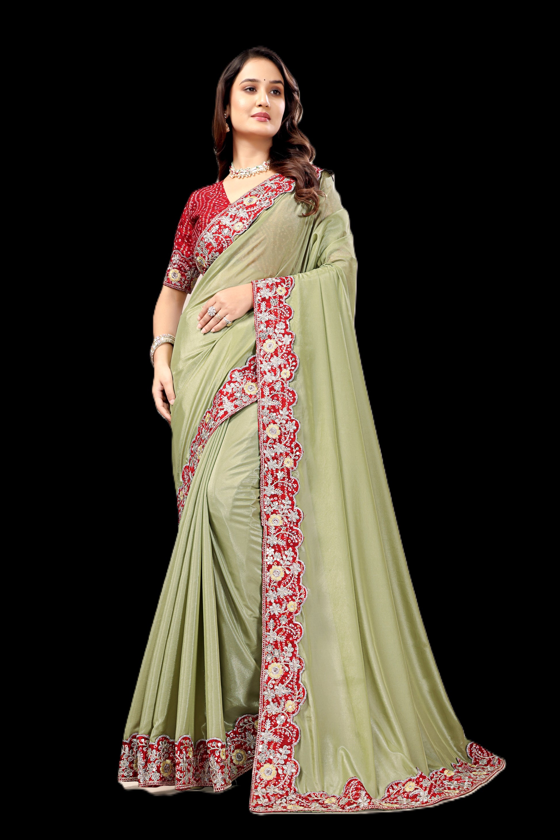 Intricate Gold Zari Motifs and Embroidered Lace Border - Light Green