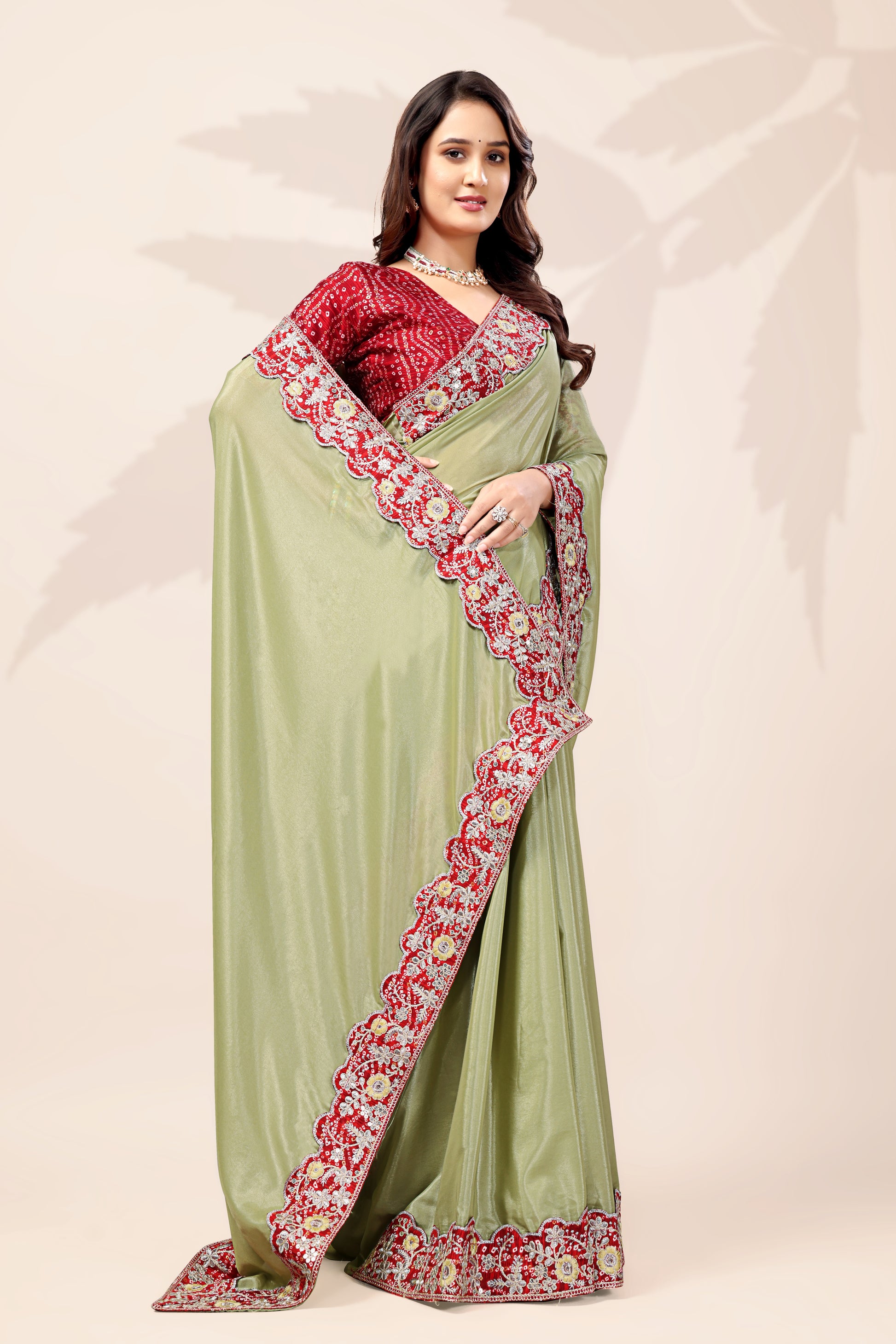 Bollywood Wear Lace Embroidered Saree with Bandhani Blouse
