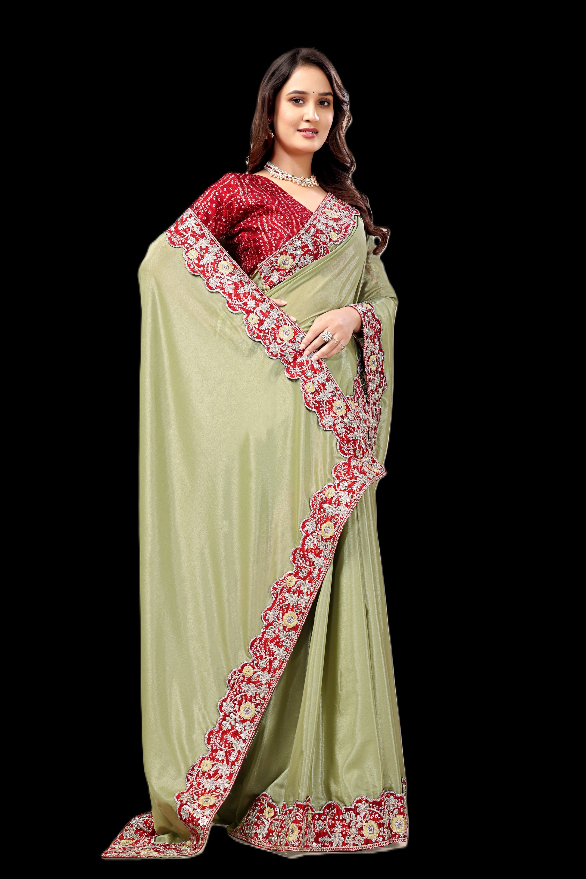 Intricate Gold Zari Motifs and Embroidered Lace Border - Light Green