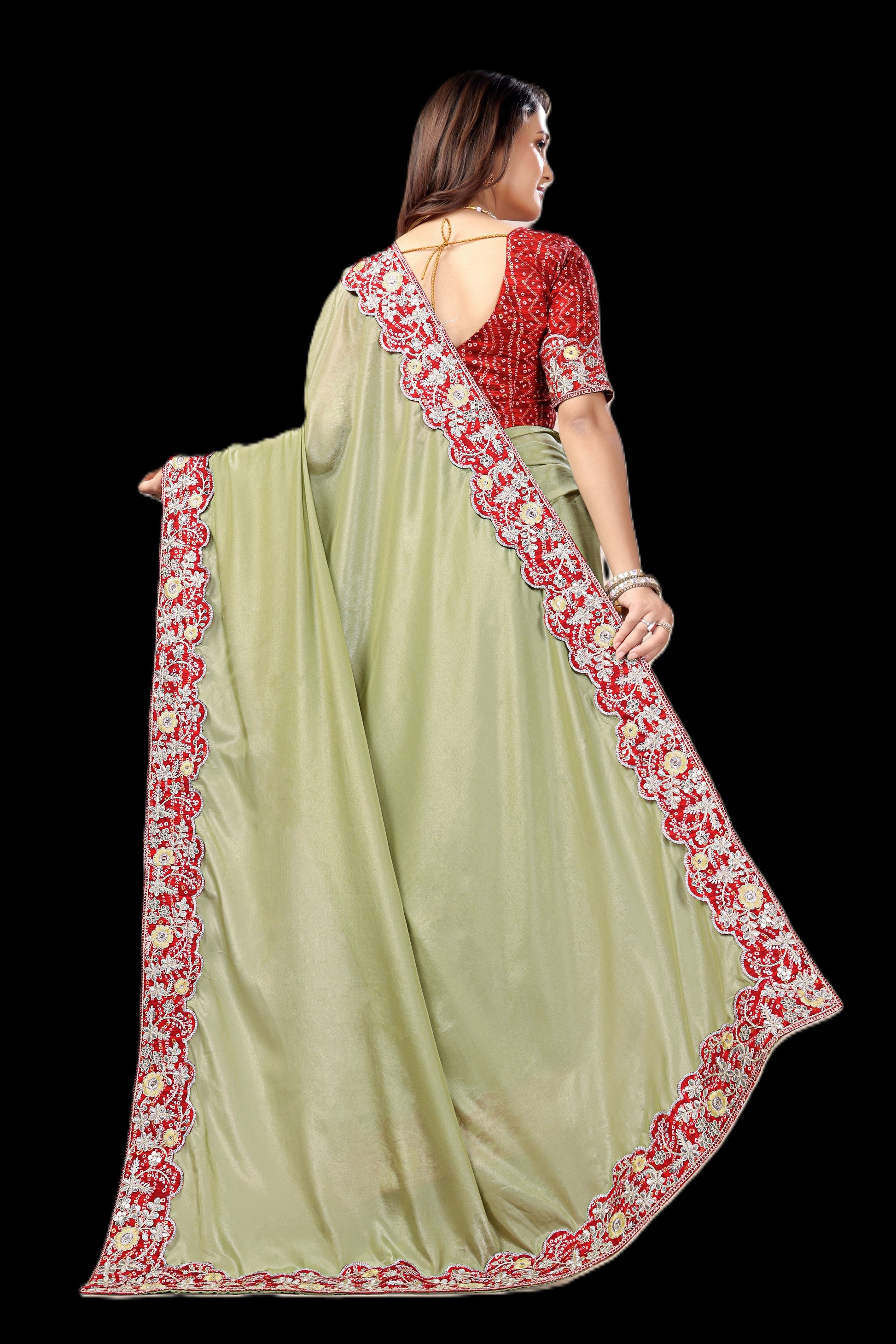 Intricate Gold Zari Motifs and Embroidered Lace Border - Light Green