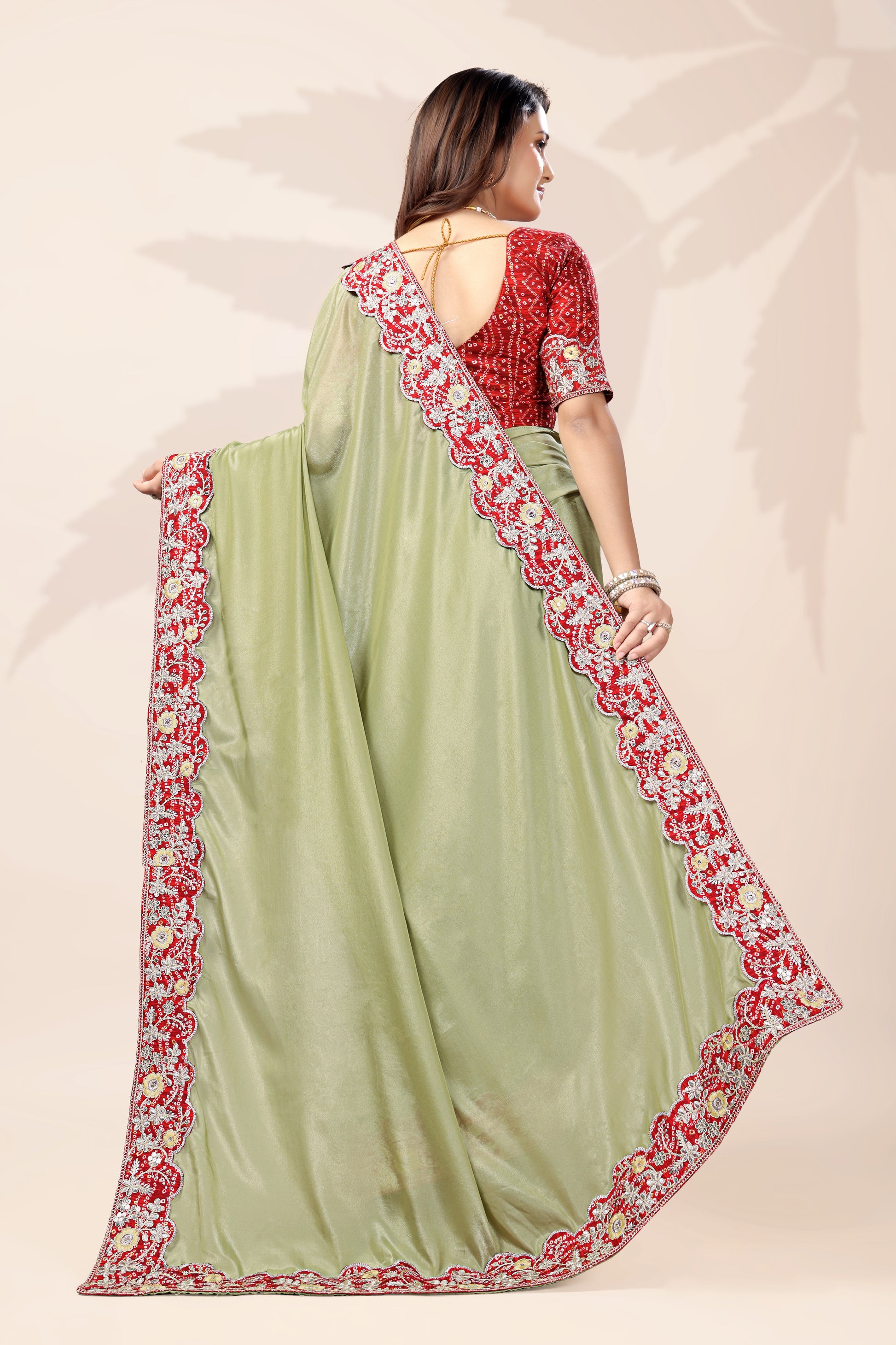 Bollywood Wear Lace Embroidered Saree with Bandhani Blouse