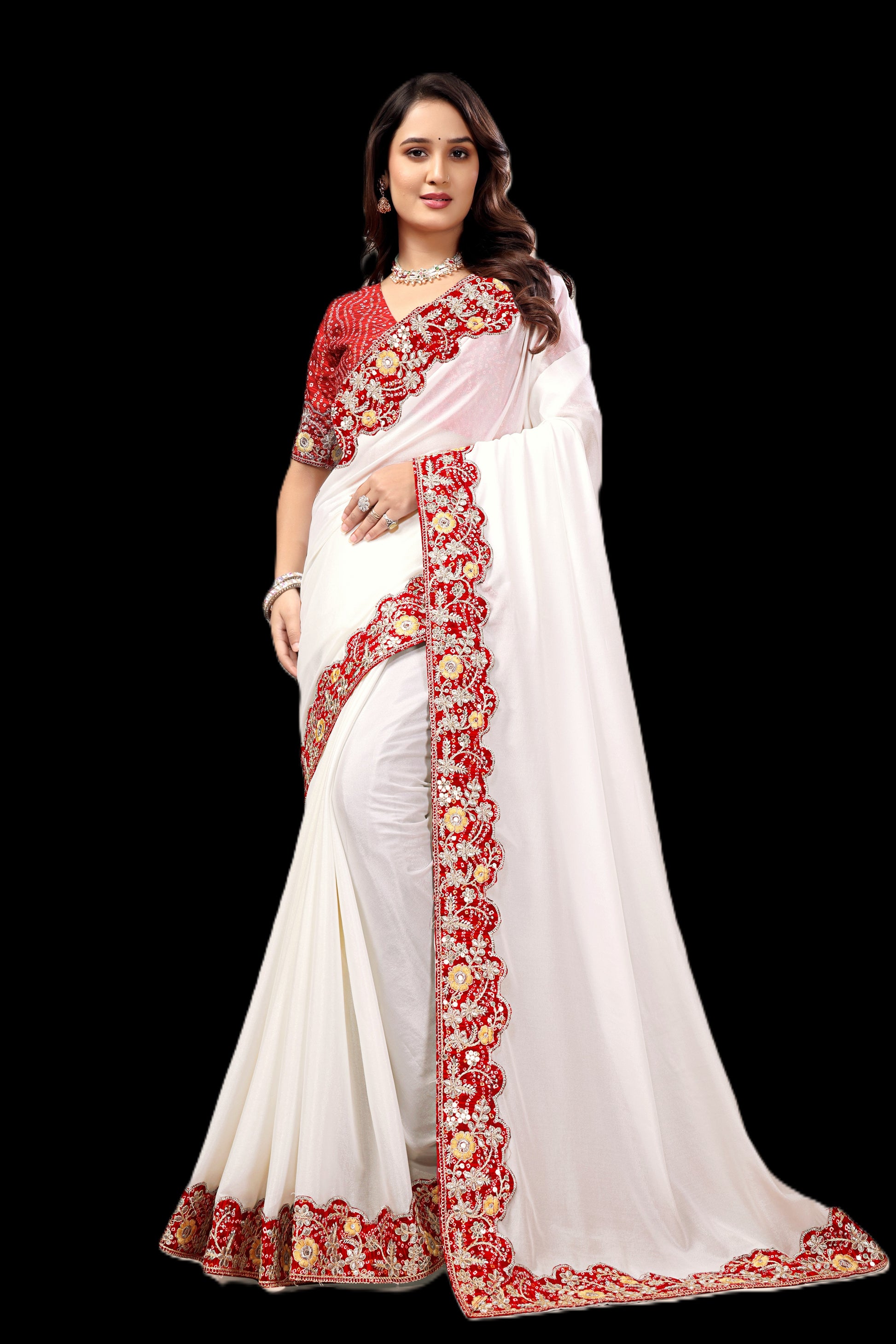 Intricate Gold Zari Motifs and Embroidered Lace Border - White