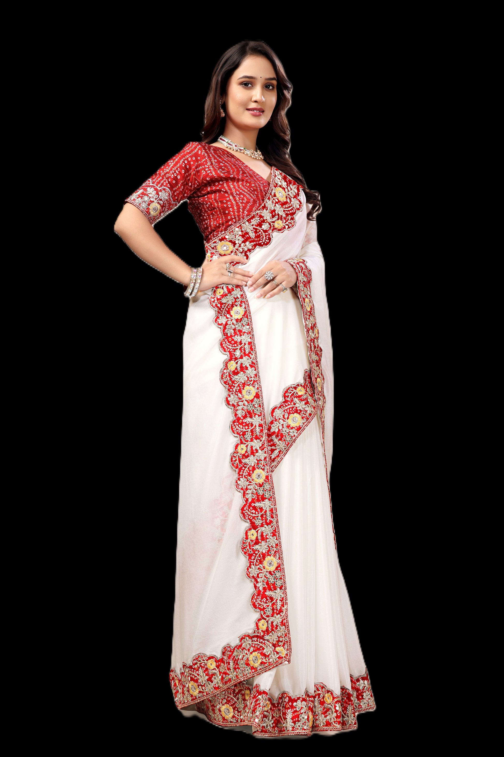 Intricate Gold Zari Motifs and Embroidered Lace Border - White