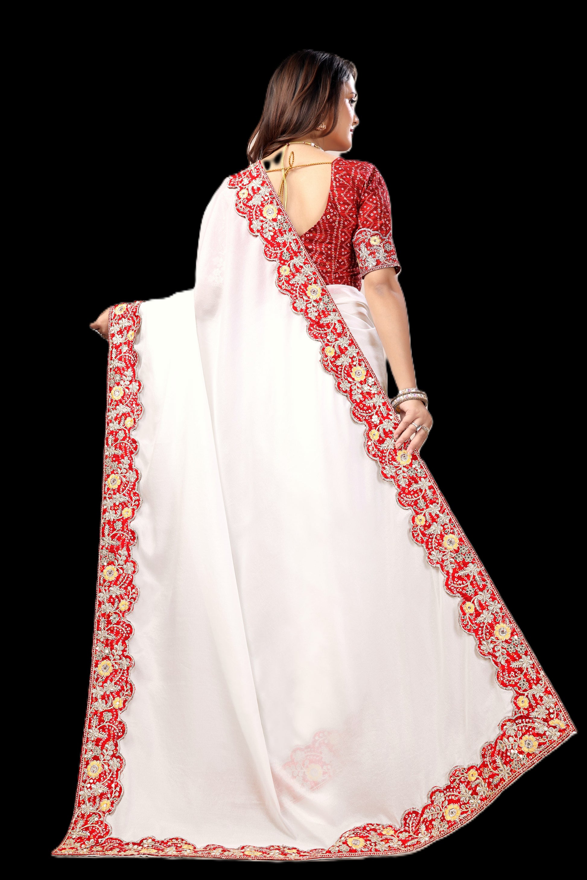 Intricate Gold Zari Motifs and Embroidered Lace Border - White