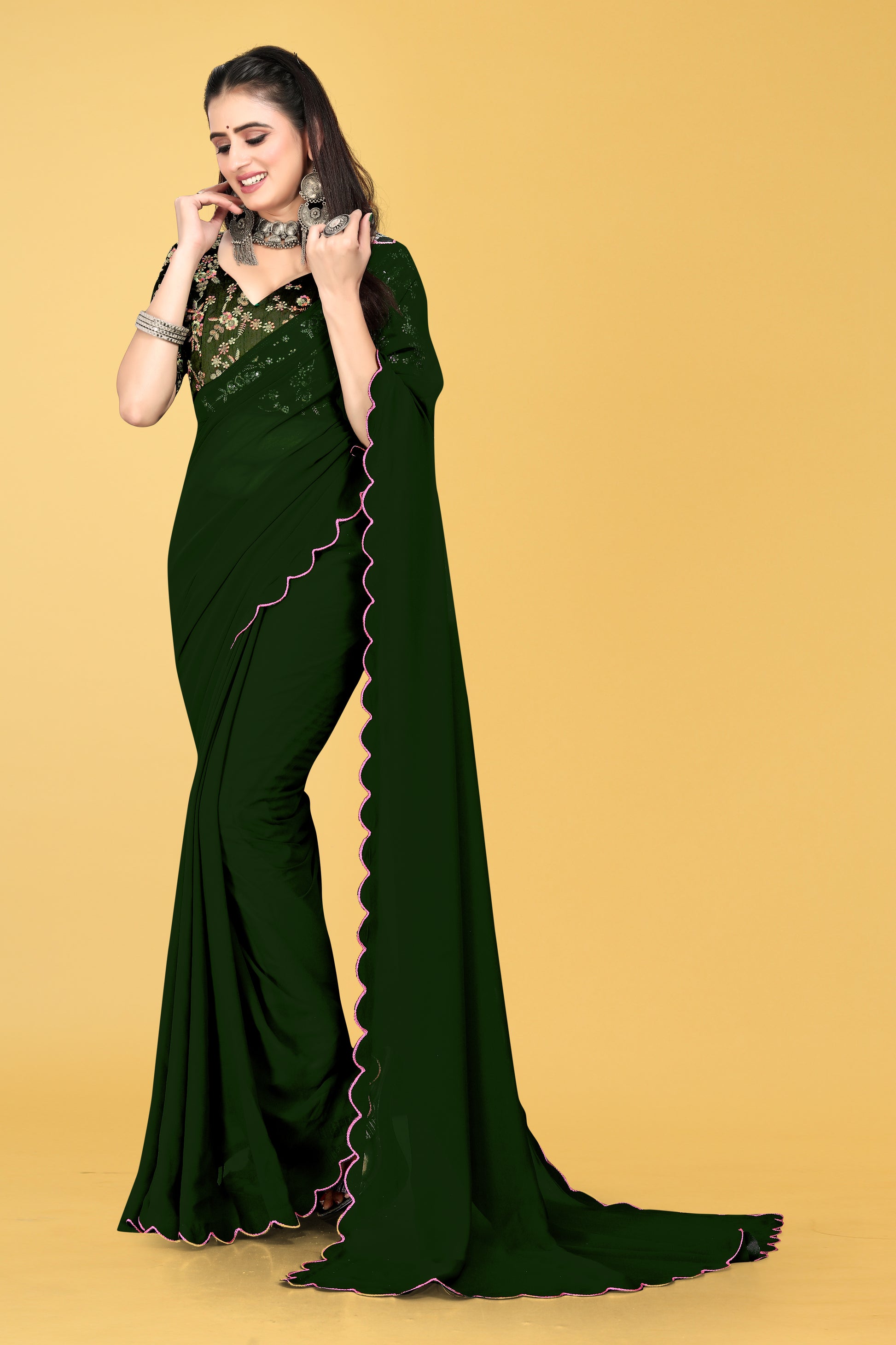 Saree with Scalloped Border and Embroidered Blouse – Avirat Designer Studio