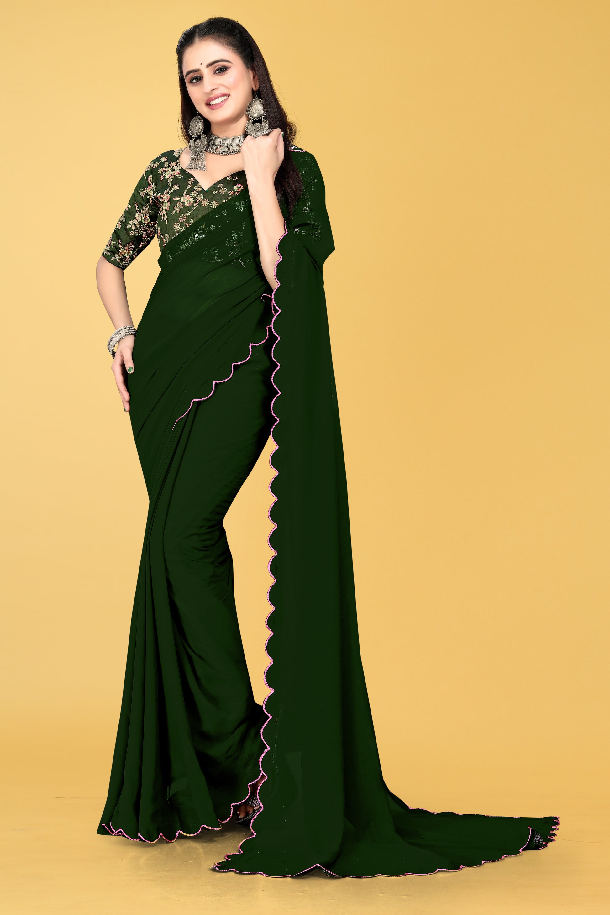 Saree with Scalloped Border and Embroidered Blouse – Avirat Designer Studio