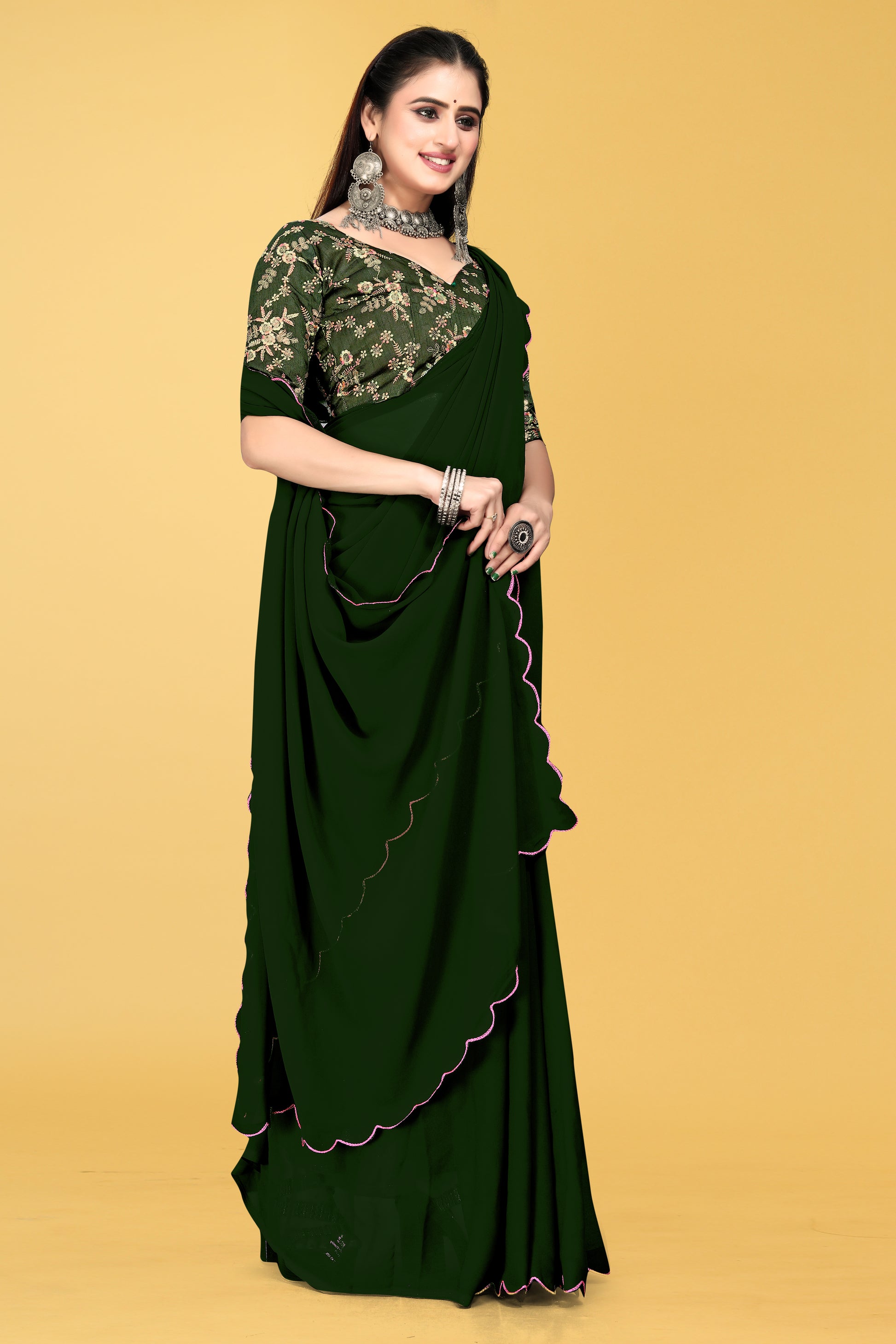 Saree with Scalloped Border and Embroidered Blouse – Avirat Designer Studio