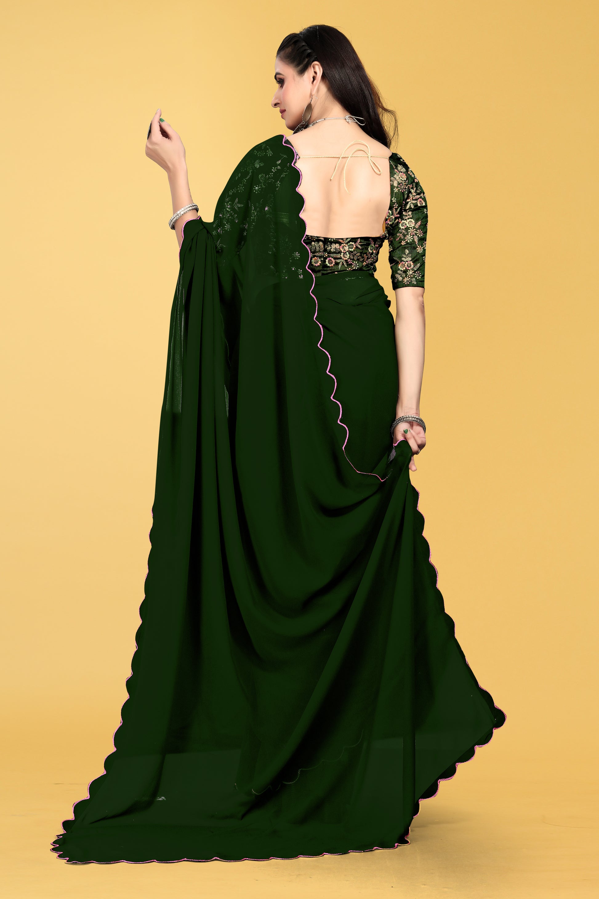 Saree with Scalloped Border and Embroidered Blouse – Avirat Designer Studio