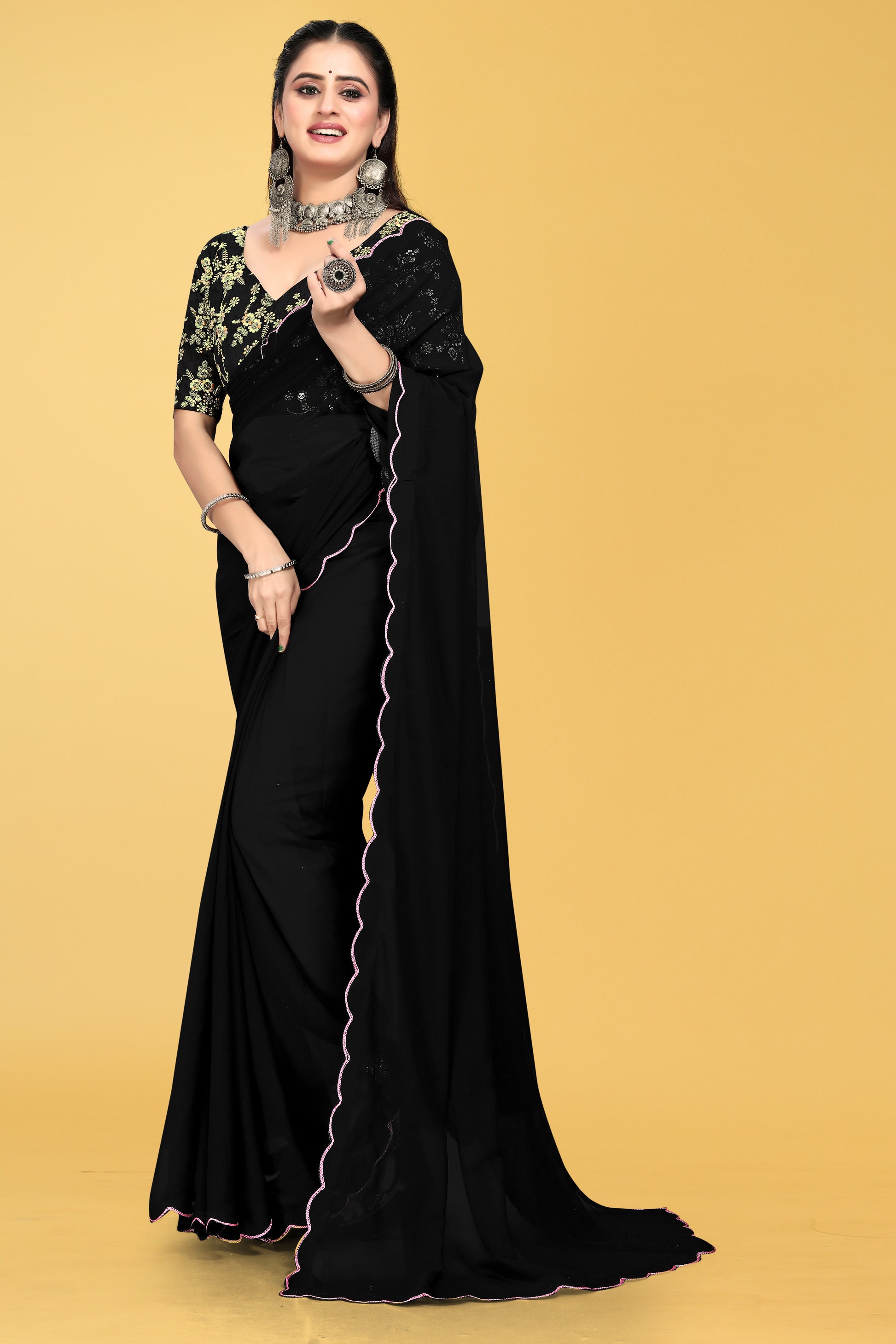 Saree with Scalloped Border and Embroidered Blouse – Avirat Designer Studio