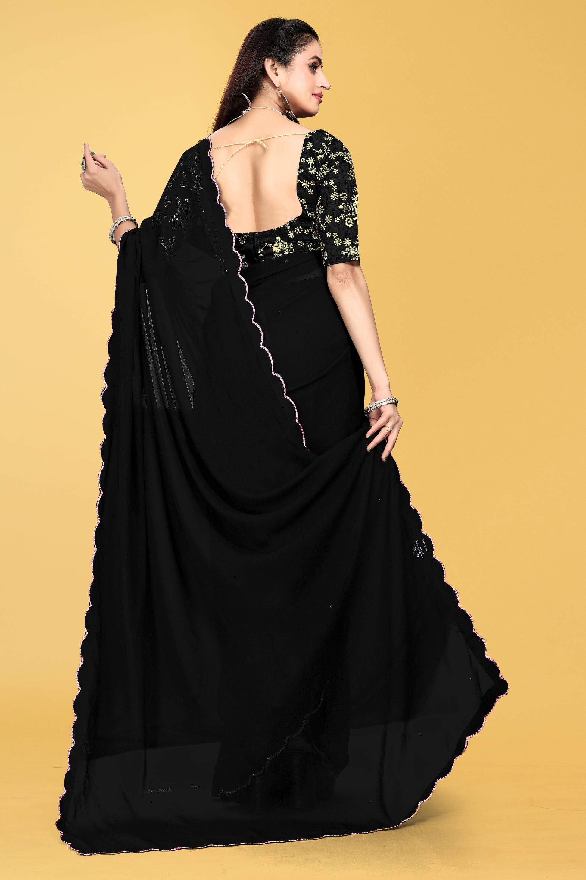 Saree with Scalloped Border and Embroidered Blouse – Avirat Designer Studio
