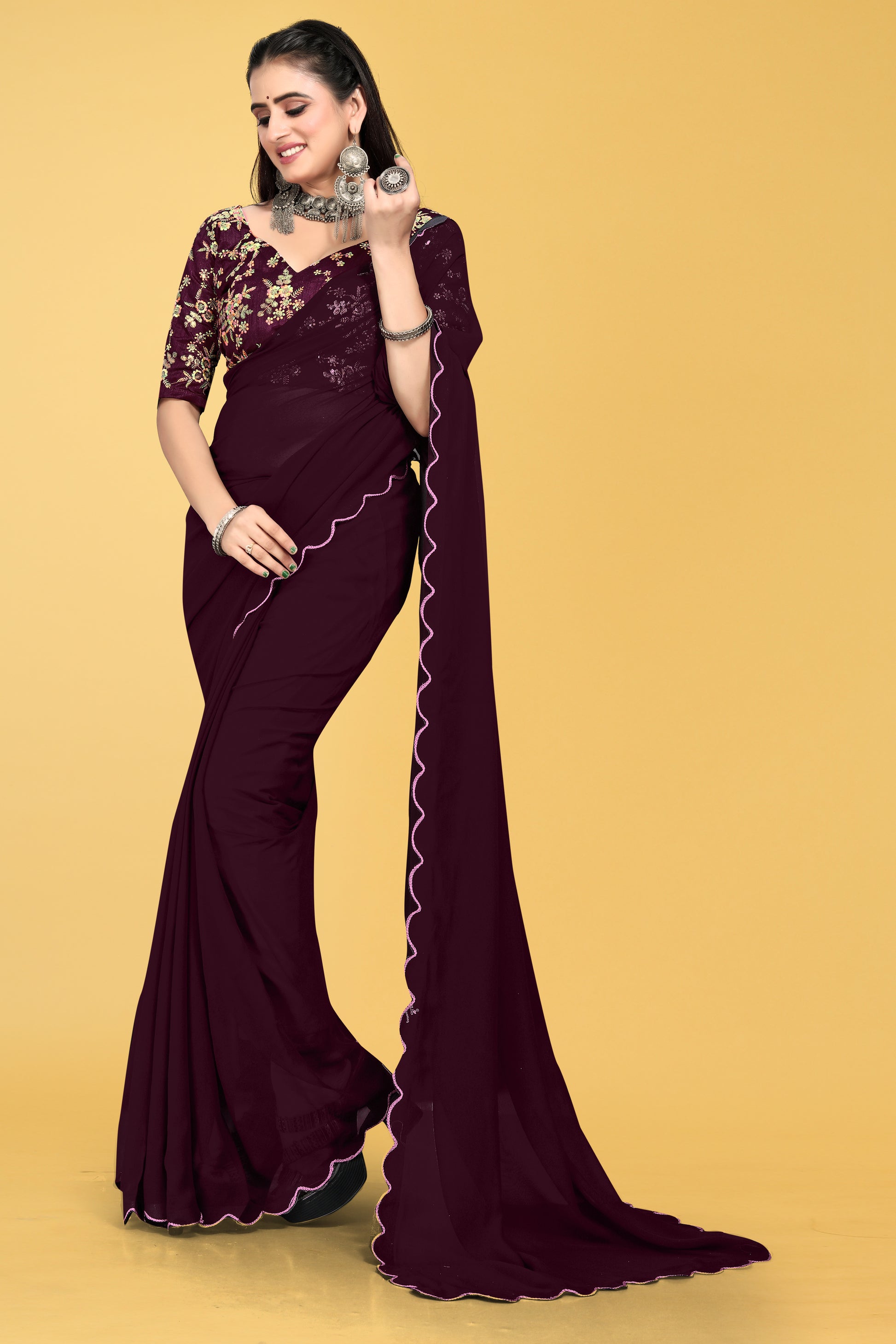 Saree with Scalloped Border and Embroidered Blouse – Avirat Designer Studio