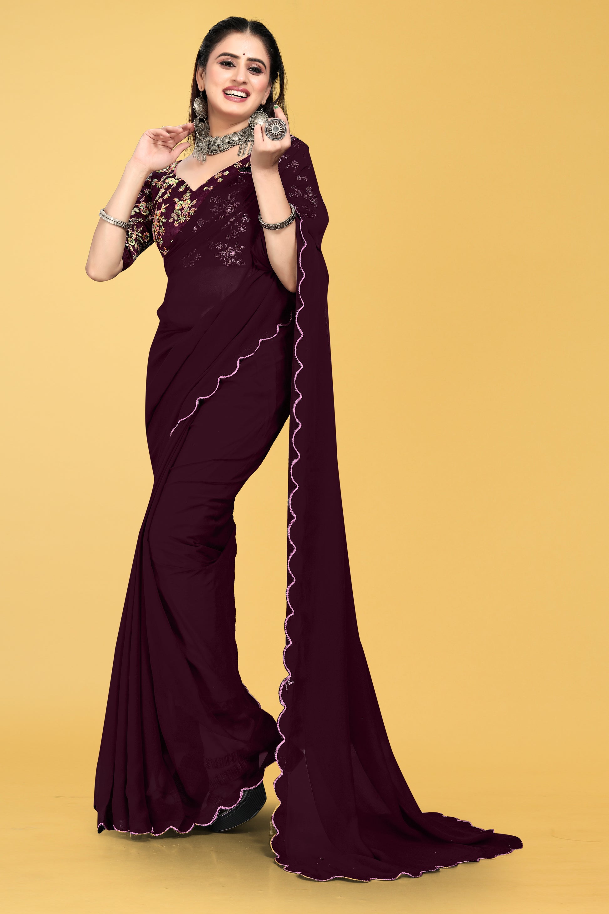 Saree with Scalloped Border and Embroidered Blouse – Avirat Designer Studio
