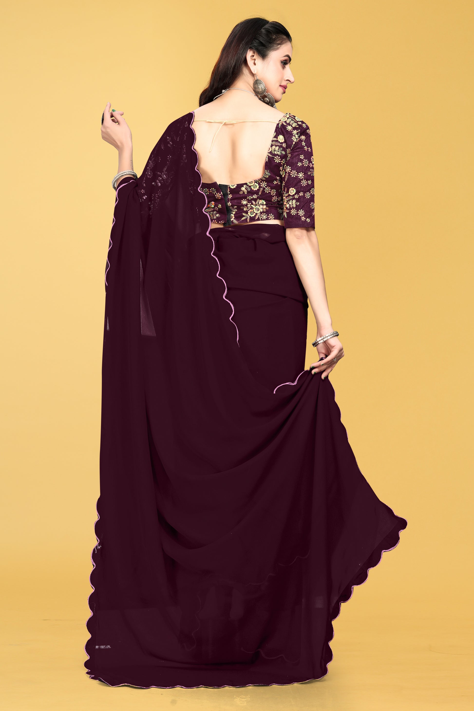 Saree with Scalloped Border and Embroidered Blouse – Avirat Designer Studio