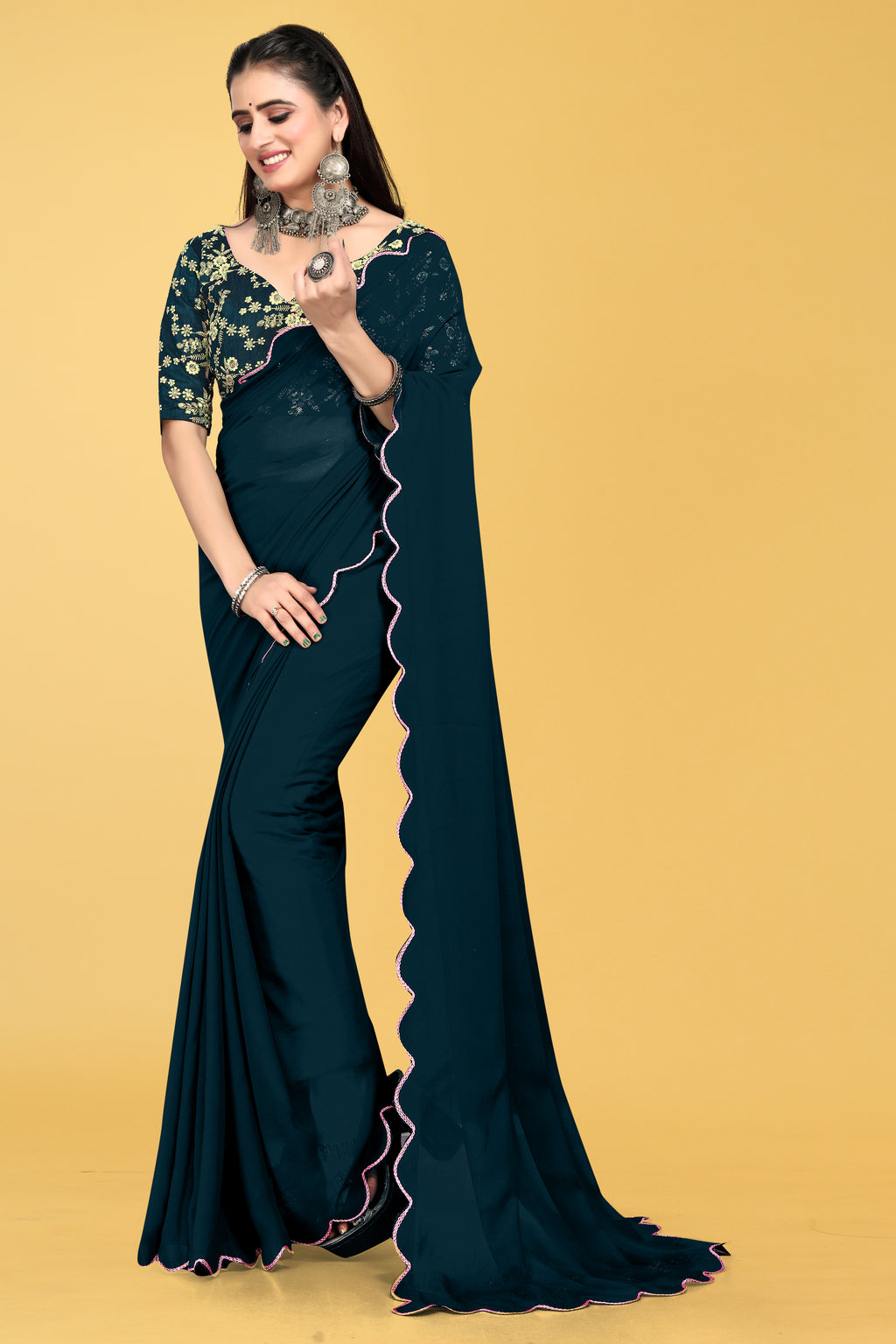 Saree with Scalloped Border and Embroidered Blouse – Avirat Designer Studio