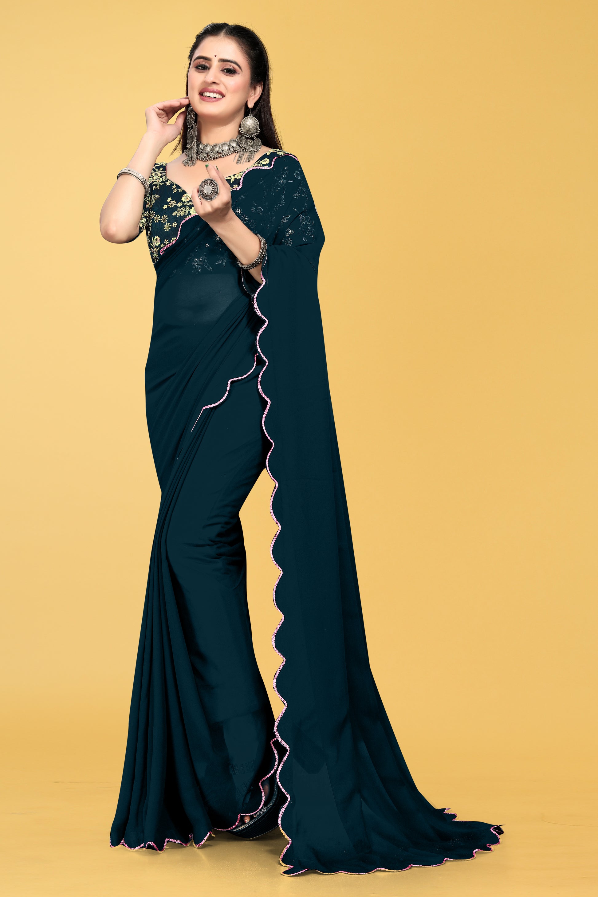 Saree with Scalloped Border and Embroidered Blouse – Avirat Designer Studio