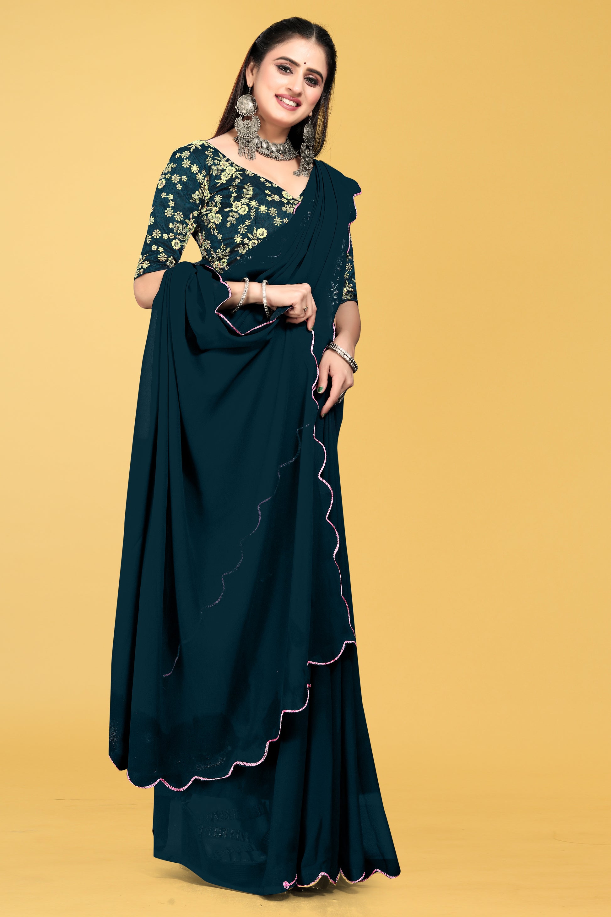 Saree with Scalloped Border and Embroidered Blouse – Avirat Designer Studio