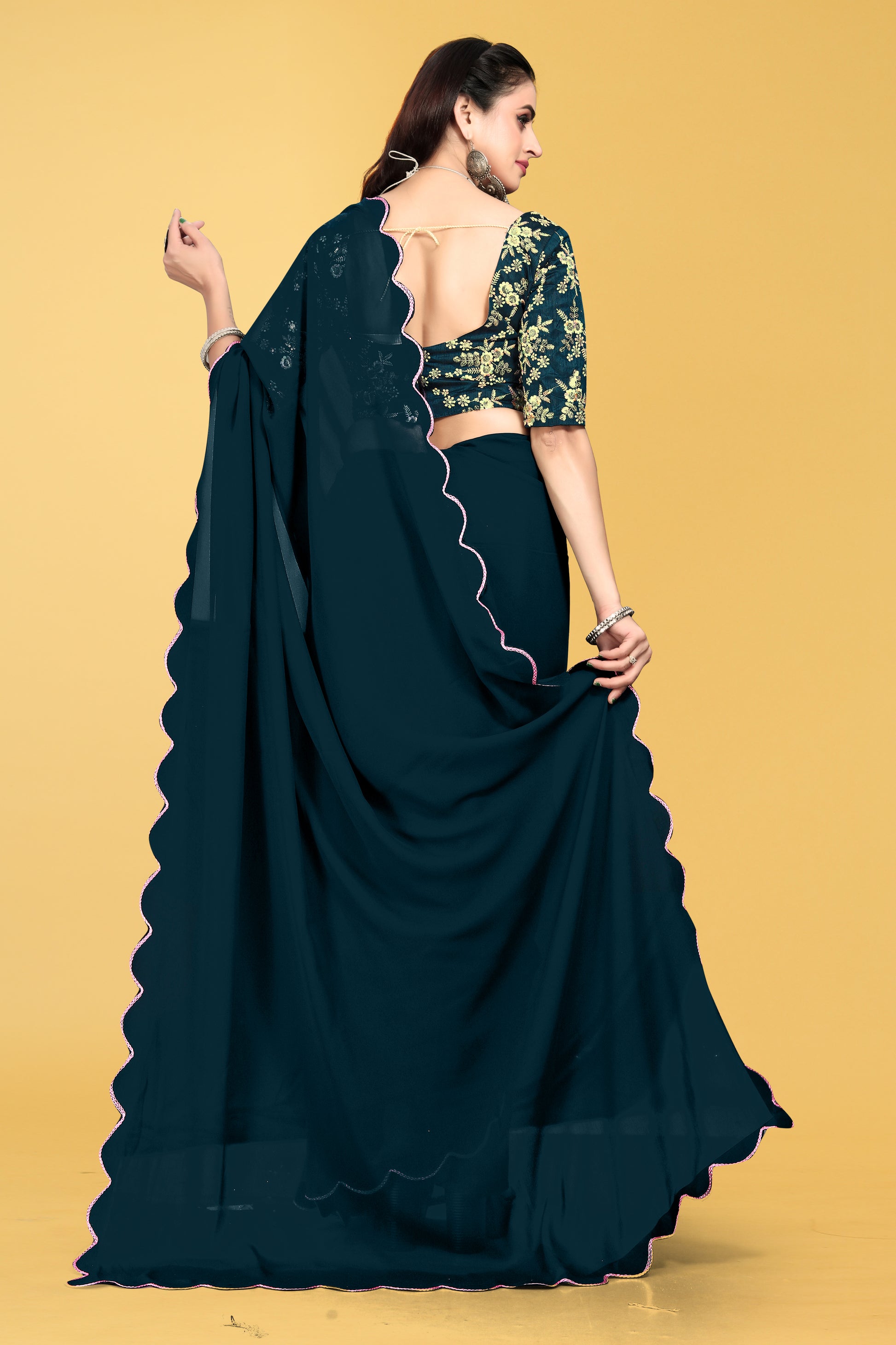 Saree with Scalloped Border and Embroidered Blouse – Avirat Designer Studio